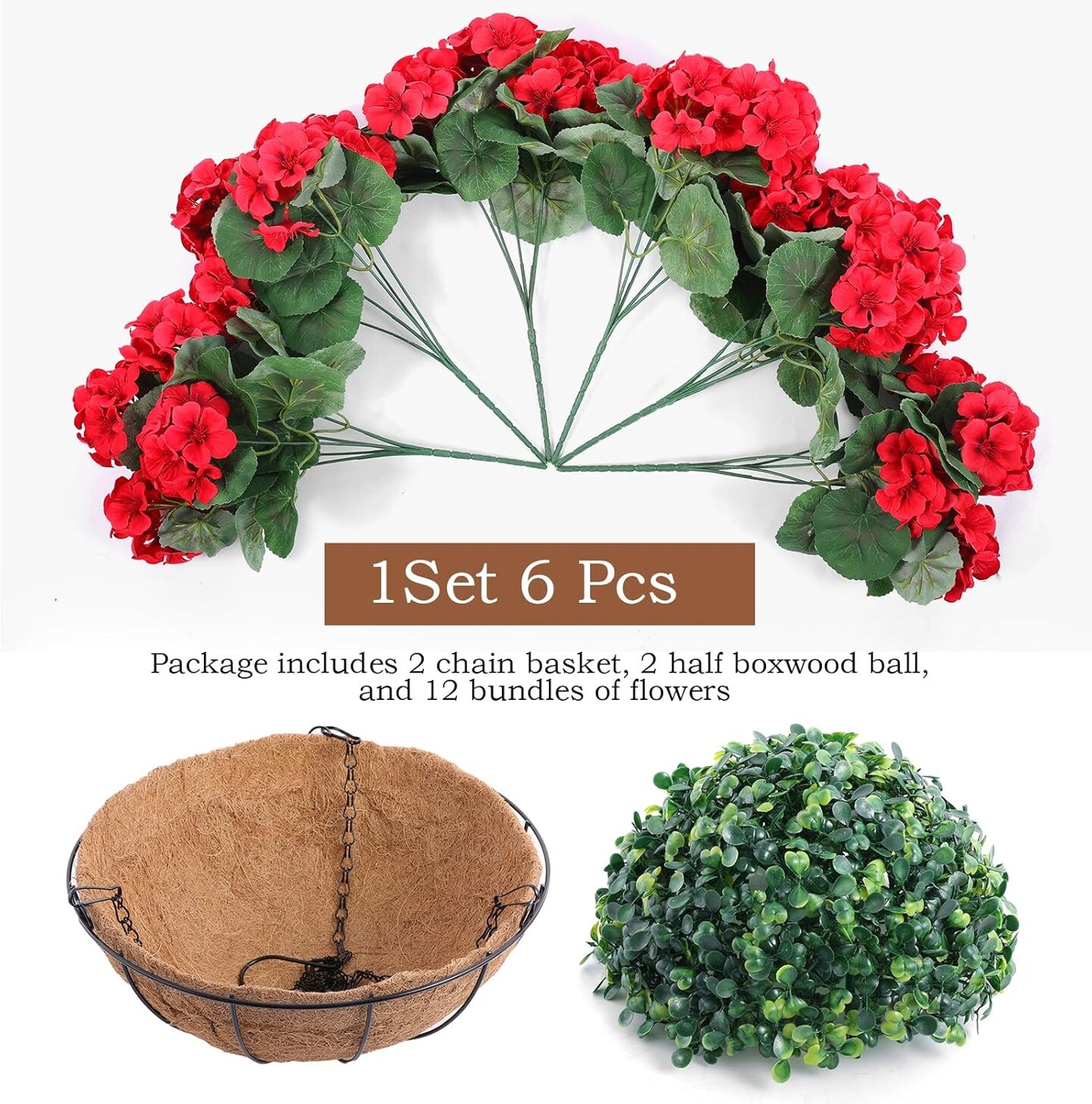 2 Set Artificial Flowers with Hanging Basket (Red) 14"D x 3"W x 4"H