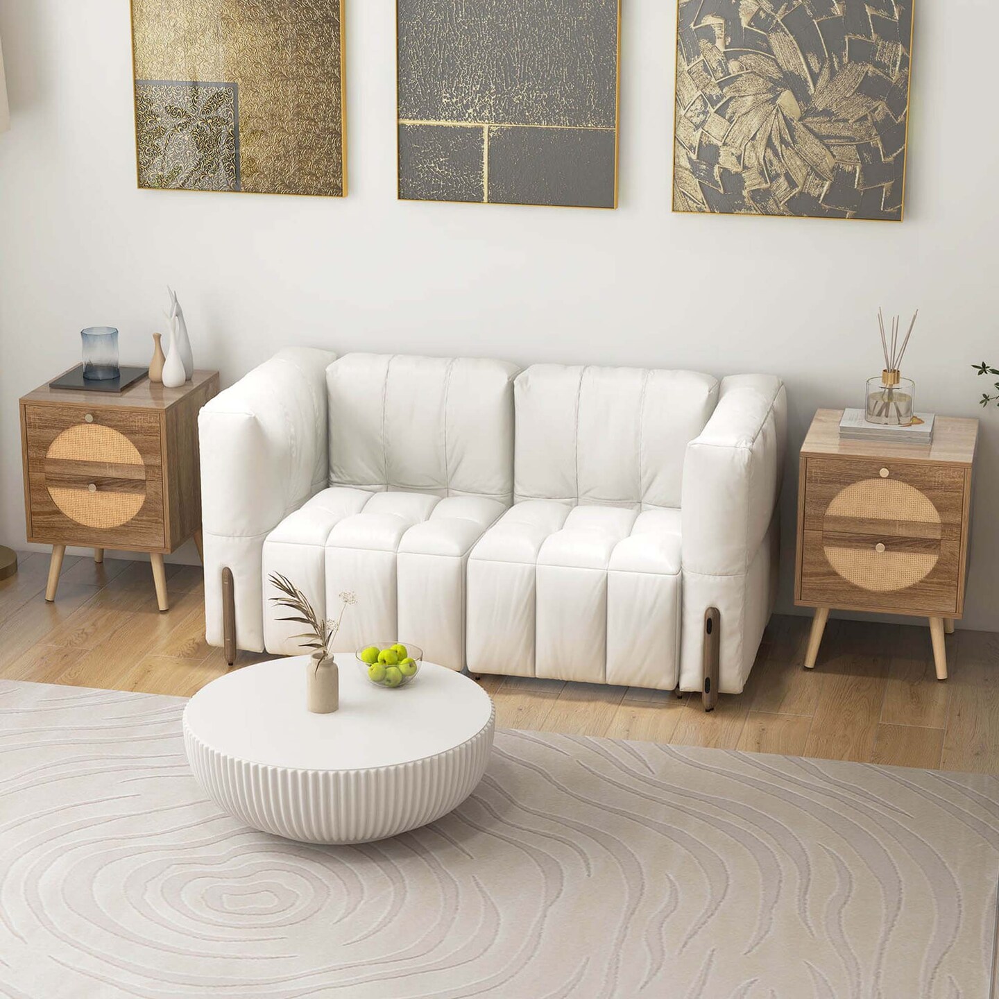 Costway 2Pcs Rattan Nightstand with 2 Drawers Solid Wood Legs Compact Wood Coffee Table