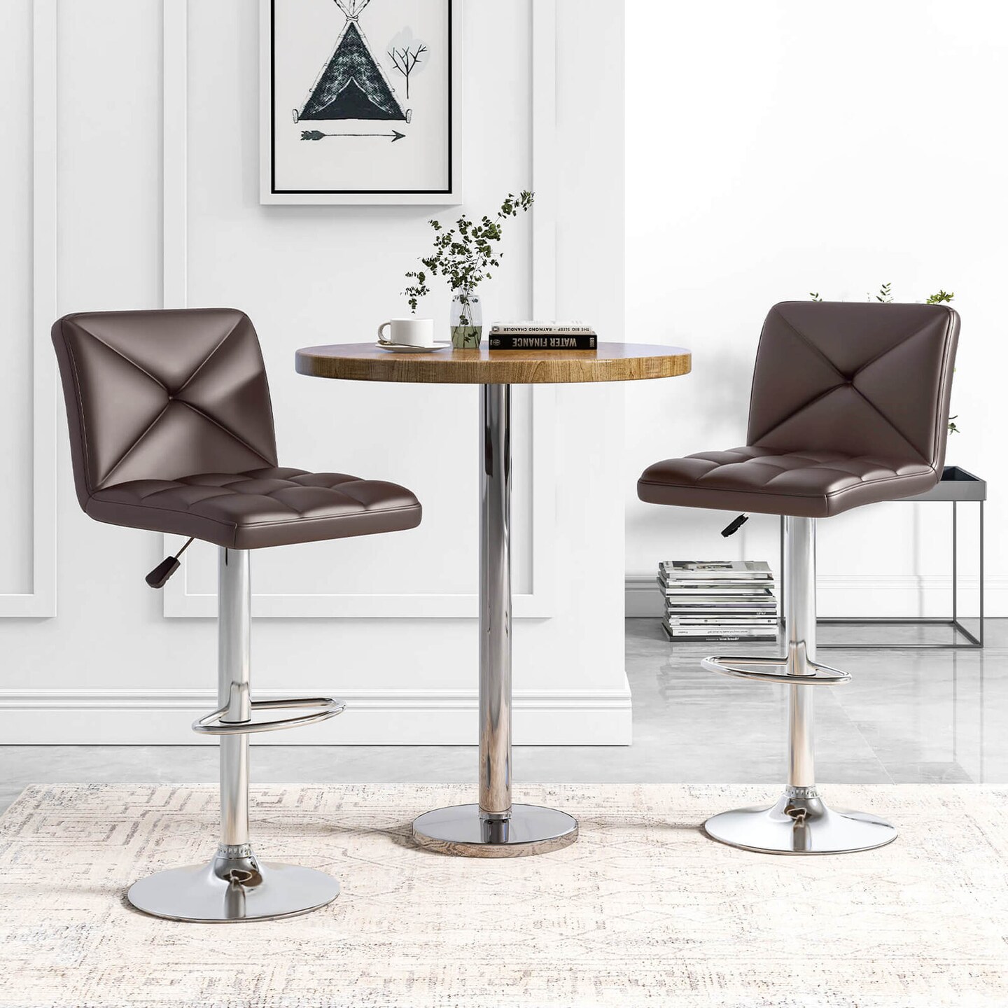 Costway Modern Bar Stools Set of 2 PU Leather Upholstered Swivel Counter Stools with Back Black/Brown/White