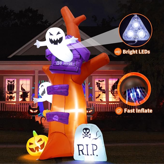 GOOSH 9 FT Halloween Inflatables Tree Blow Up Yard Huge Tree with Pumpkin Tombstone with Built-in LEDs