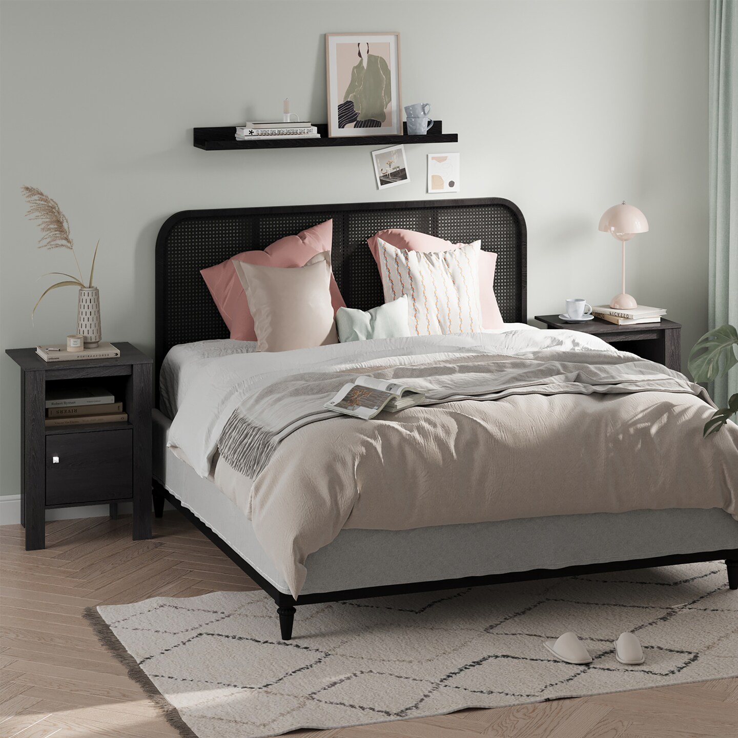 Costway Nightstand Compact Side End Sofa Table with Open Shelf & Cabinet Dark Grey Oak/Walnut