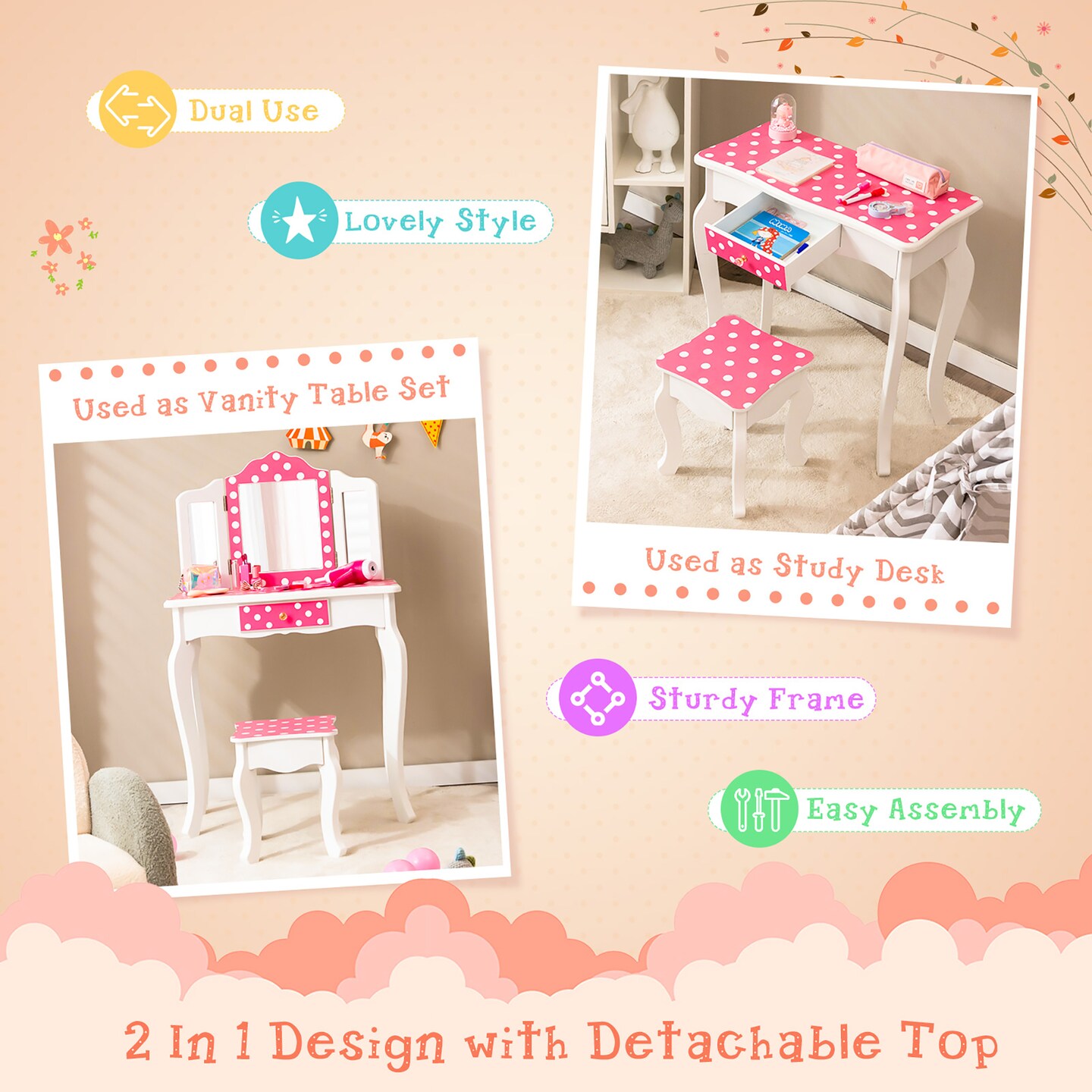 Costway Kid Vanity Set Wooden Makeup Table Stool Tri-Folding Mirror Leopard Print