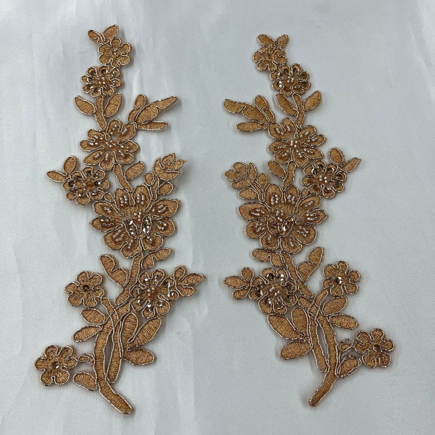 1 Pair Beaded &#x26; Corded Floral Lace Applique 10&#x22; x 2&#x22; Each Side
