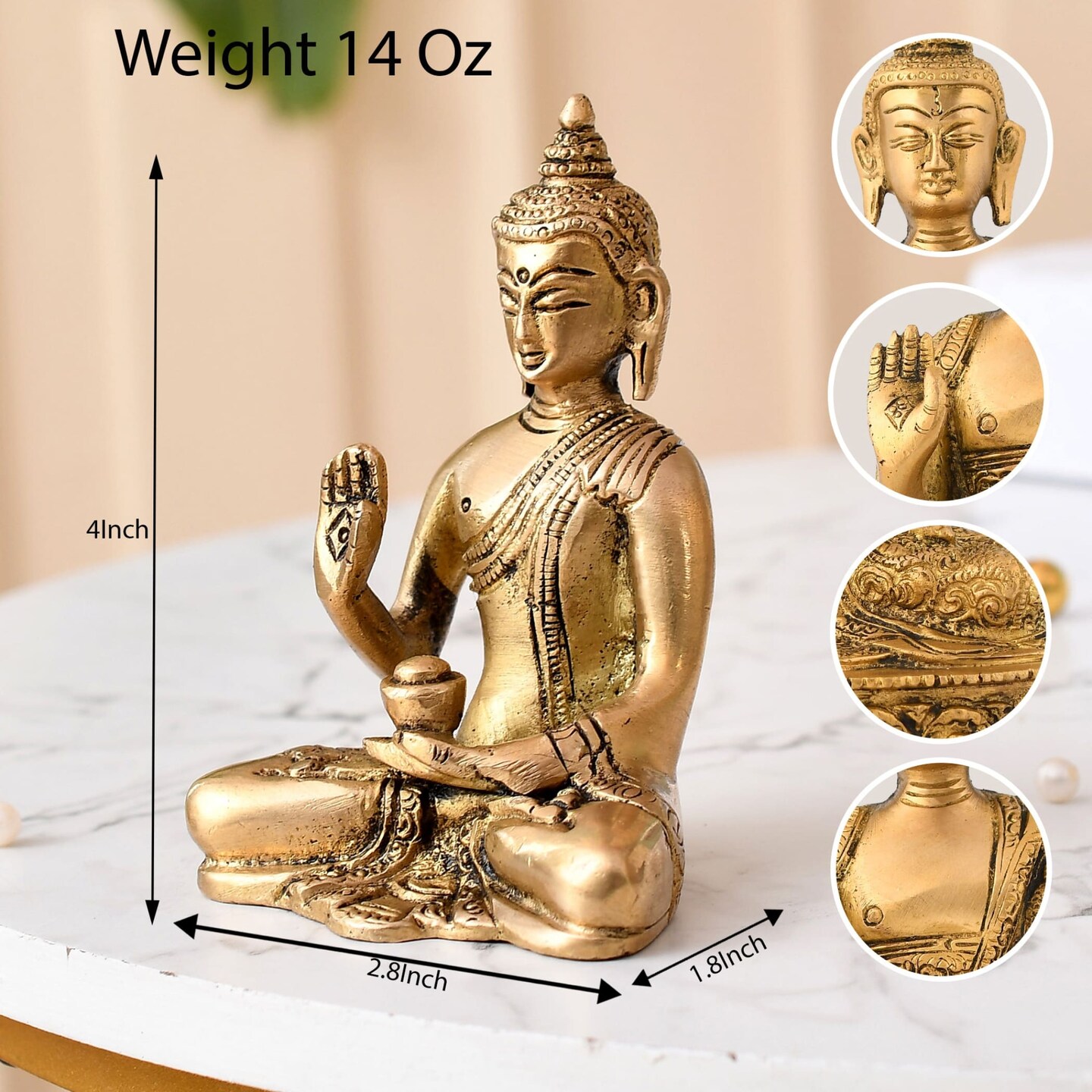 Buddha Statue 4 Inch Brass Buddha Idol Sculpture for Home Living Room Zen Decor - Perfect Gift for Spiritual Meditation Shrine