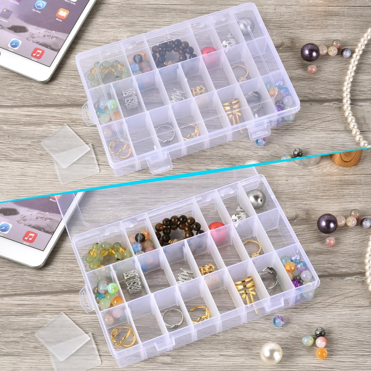 2 Pack 24 Grids Plastic Storage Box Clear Organizing Containers with Adjustable Dividers for Jewelry and Beads, Crafts, Art DIY, Jewelry, Screws, Pins, Thread, Fishing Gear, Small Items