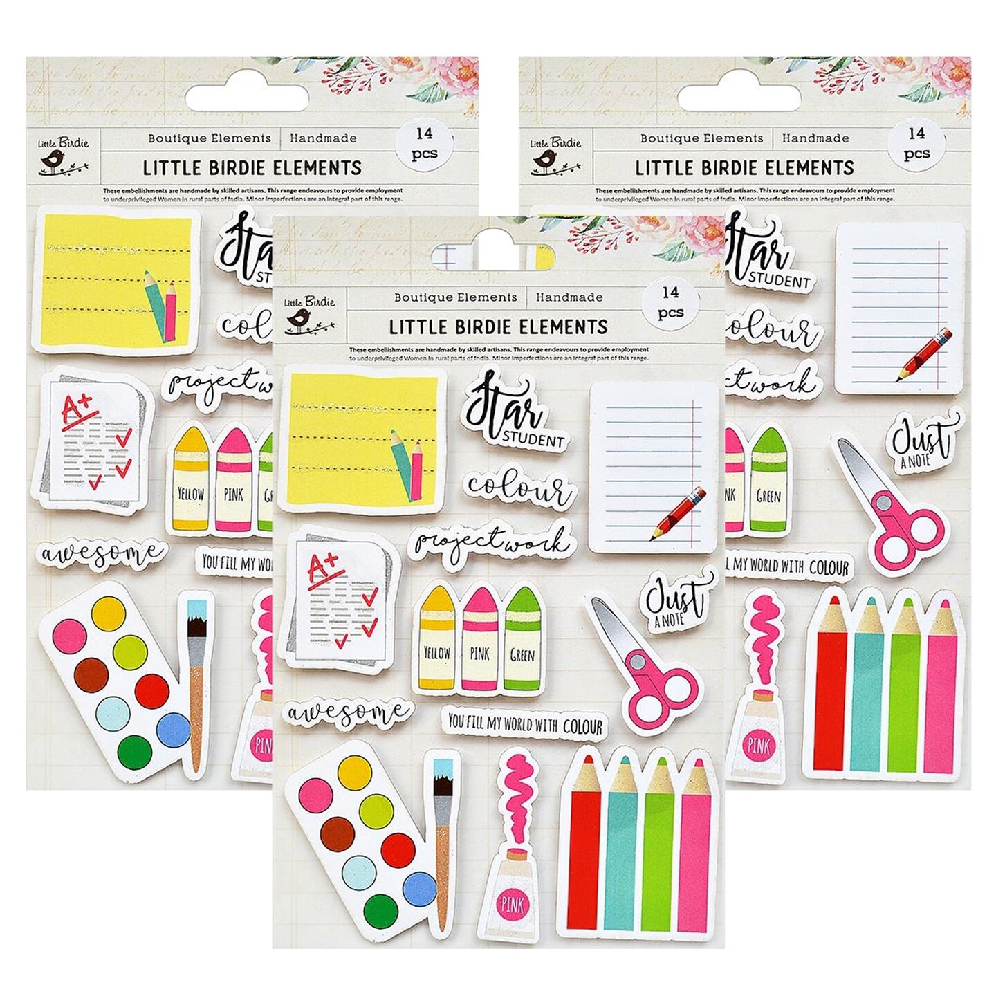 Pack of 3 - Little Birdie Sticker Embellishment 14/Pkg-Star Student