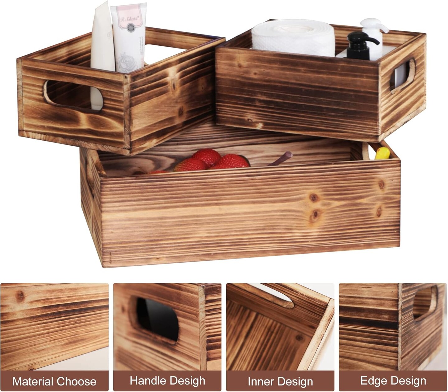 Wooden Crate Stackable Decorative Wood Crates set of 3 for Storage Display Rustic Nesting Box Basket Home Decoration Boxes Container Bin with Handles Farmhouse Decor,Solid Pine,L+M+S