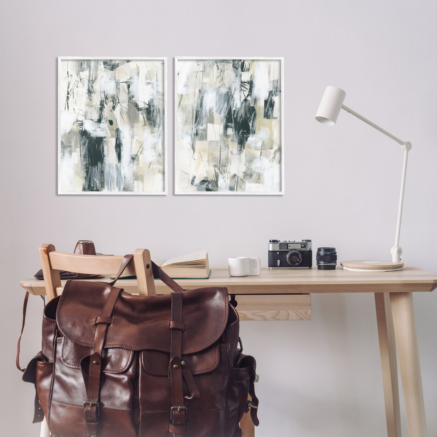 Stupell Industries Abstract Charcoal and Beige 2 pc Framed Giclee Wall Art Set Design by June Erica Vess