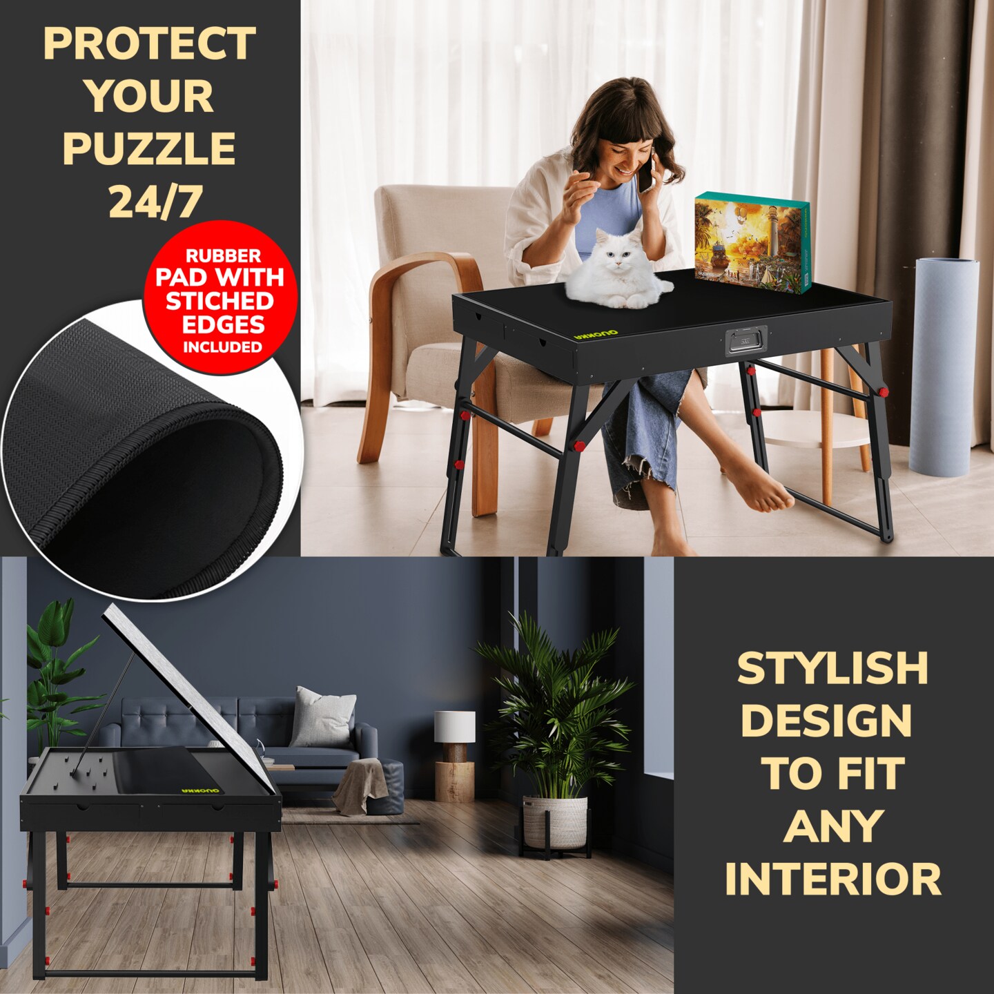Puzzle Table Black for Adults with Drawers | Foldable Rotatable