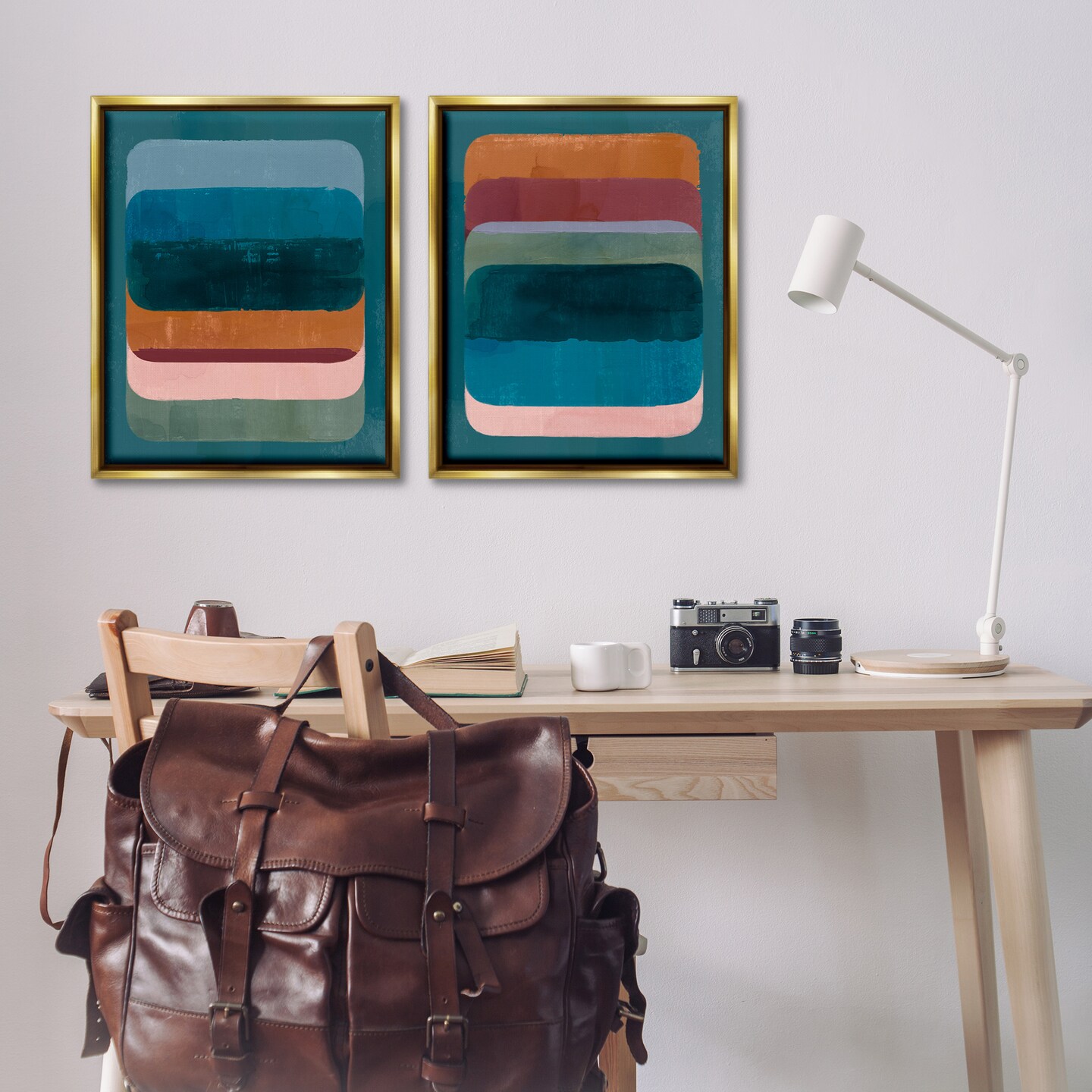 Stupell Industries Abstract Teal Stacked Colors 2 pc Framed Floater Canvas Wall Art Set Design by Victoria Barnes