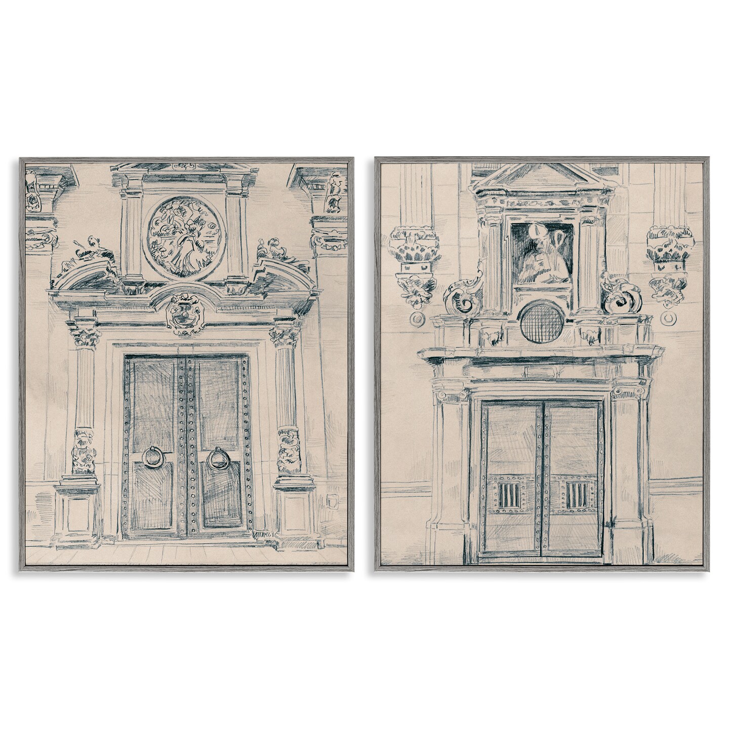 Stupell Industries Pencil Sketch Ornate Door 2 pc Framed Giclee Wall Art Set Design by June Erica Vess
