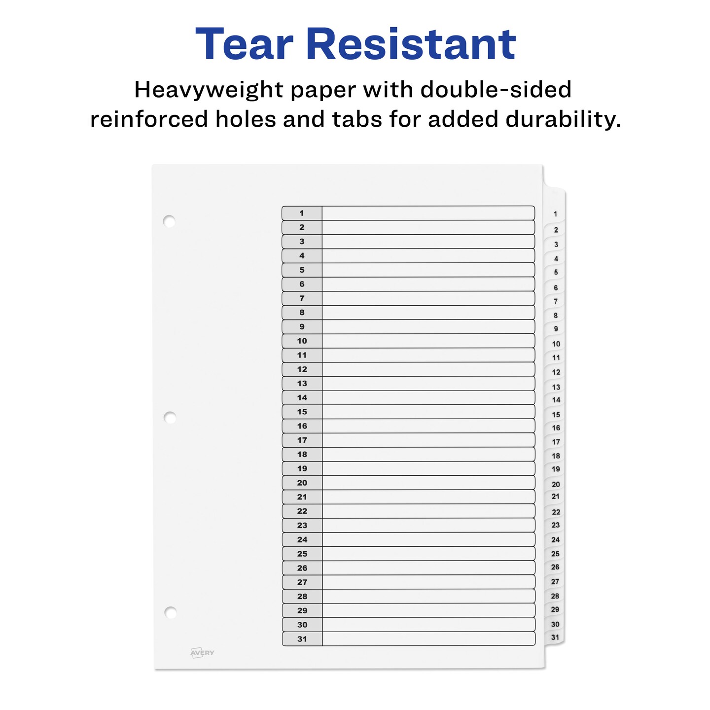 Avery Ready Index 31 Tab Binder Dividers, Customizable Table of Contents, Classic White Tabs, 1 Set (11128)