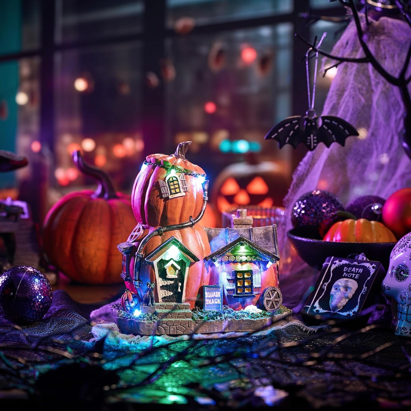 Halloween Village Decorations Indoor, 7Inch Lighted Vintage Halloween Pumpkin Haunted House Resin Statues with Music and Light for Table Yard Garden Outdoor Home Party Decor