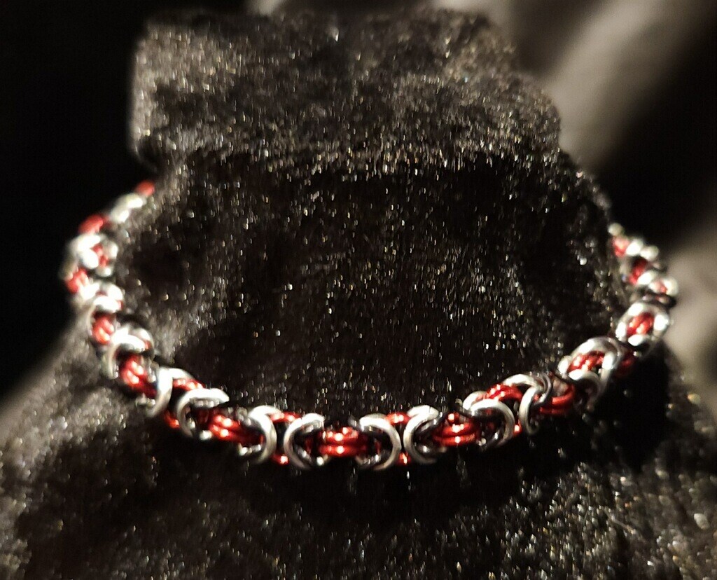 Red, Black and Silver chain mail bracelet (Byzantine Series