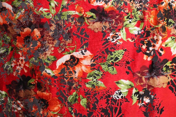 1 Yard 4-Way Stretch Red and Orange Floral Velvet Fabric Multipurpose