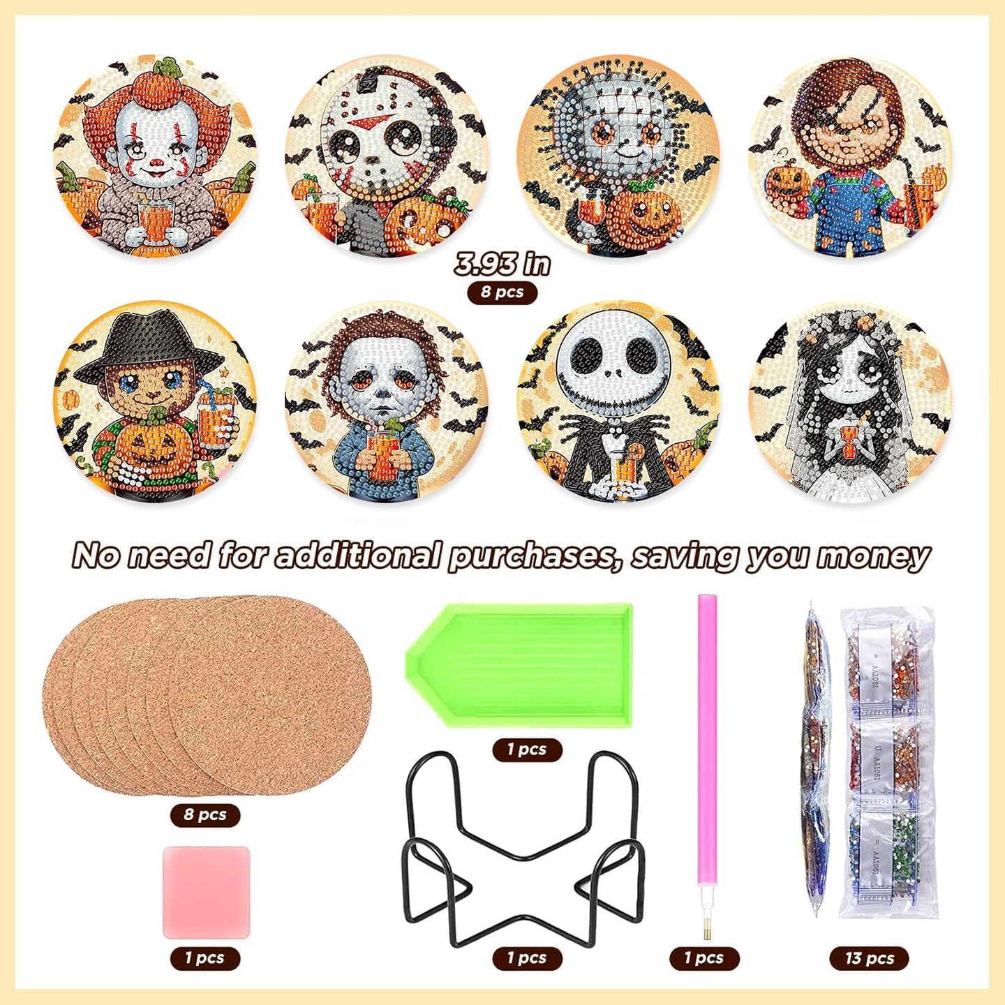 4X4 Inch - 8 Pcs Halloween Diamond Painting Coasters Kits for Adults