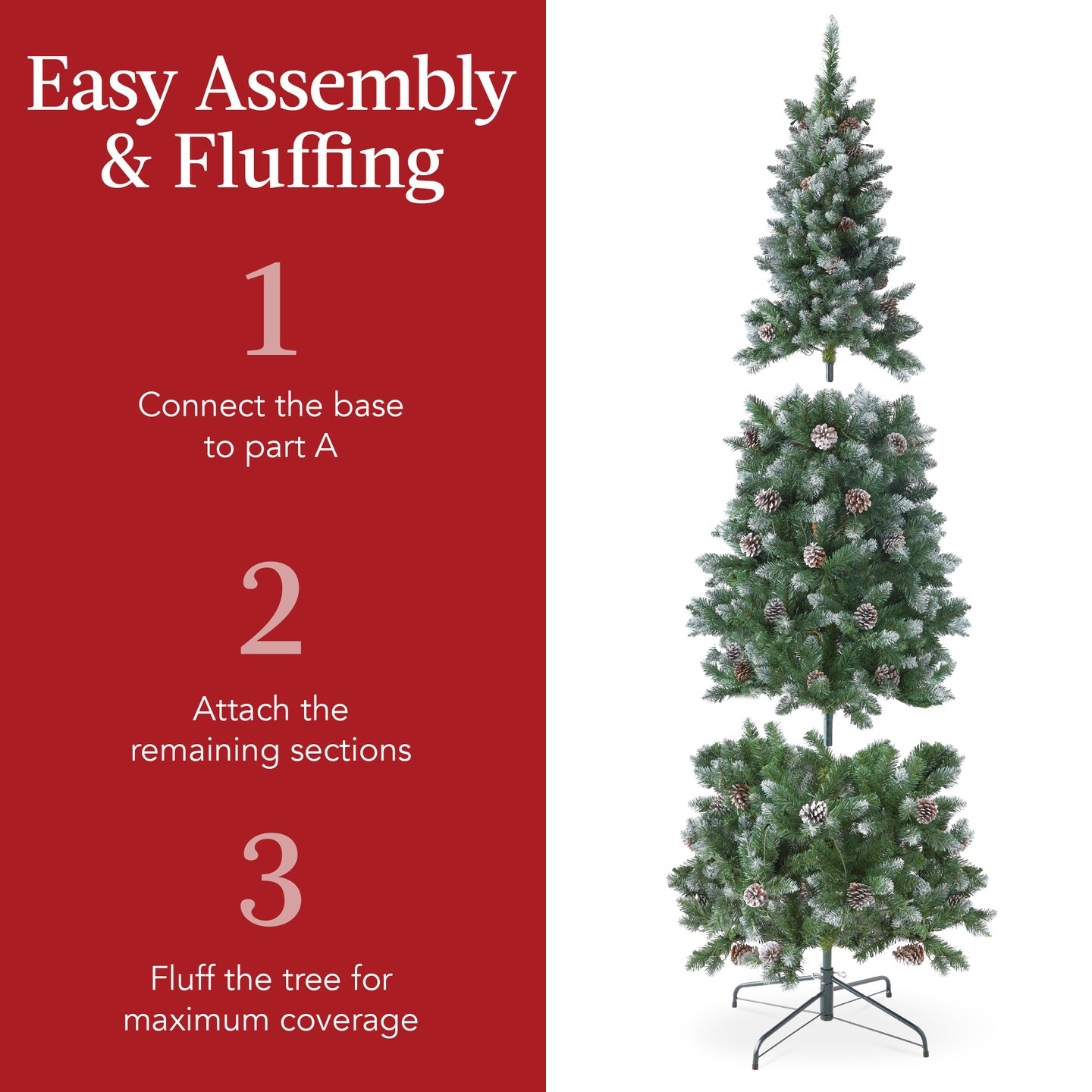 Best Choice Products Pre-Lit Partially Flocked Pencil Christmas Tree w/ Pine Cones, Foldable Stand