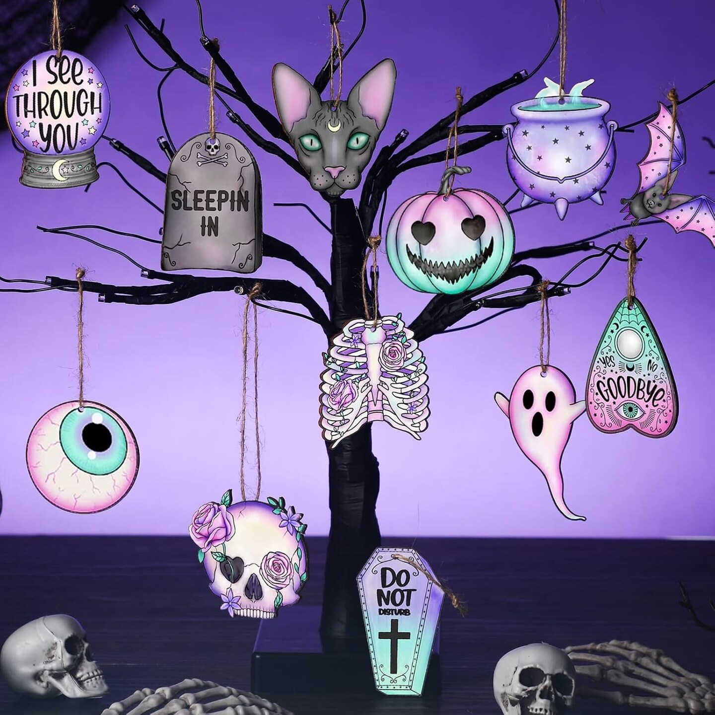 36 Pcs Halloween Wooden Ornaments Cute Purple Pink Spooky Tree Ornaments - Cute