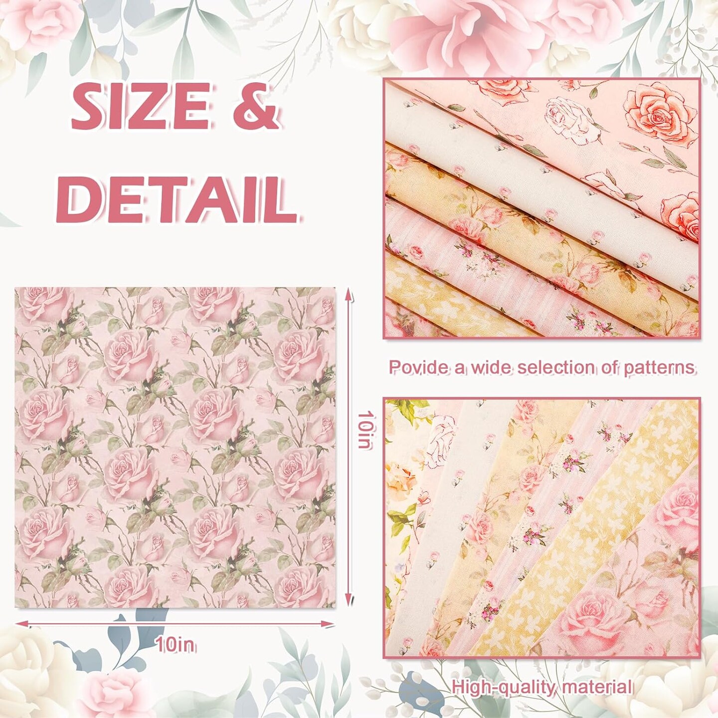 Pre-cut Fabric Floral Cotton Fabric Squares – 60 pcs Pink Retro 10 x 10 Inch Quilting & Patchwork Sewing Fabric Bundle