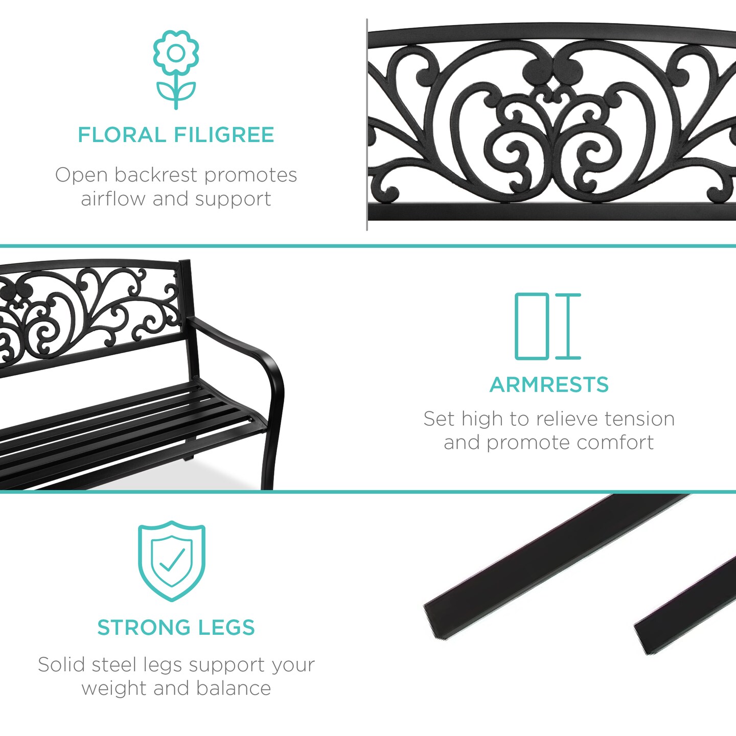 Best Choice Products Outdoor Steel Bench Garden Patio Porch Furniture w/ Floral Design Backrest