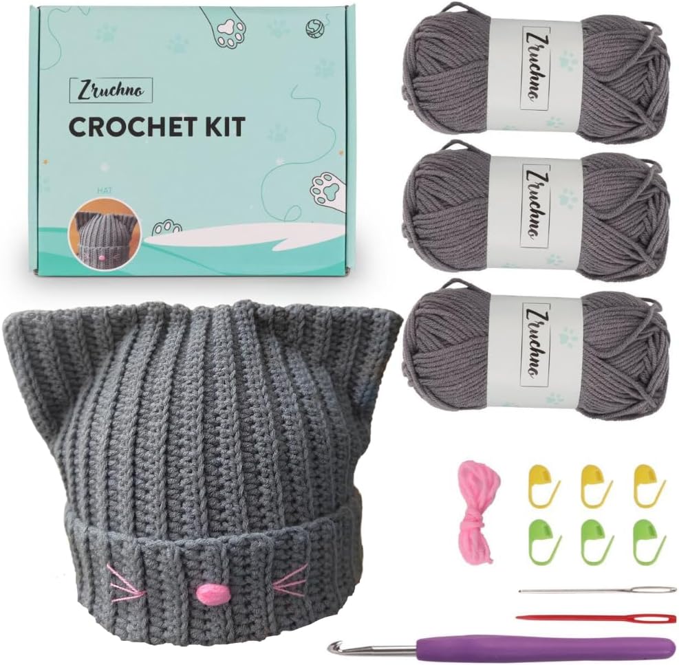 Cat Ear Beanie Crochet Kit for Beginners – Complete DIY Starter Kit with Yarn, Hook & Step-by-Step Video Tutorials | Learn to Crochet Hat (hat) 3.94 x 5.51 x 5.51 inches