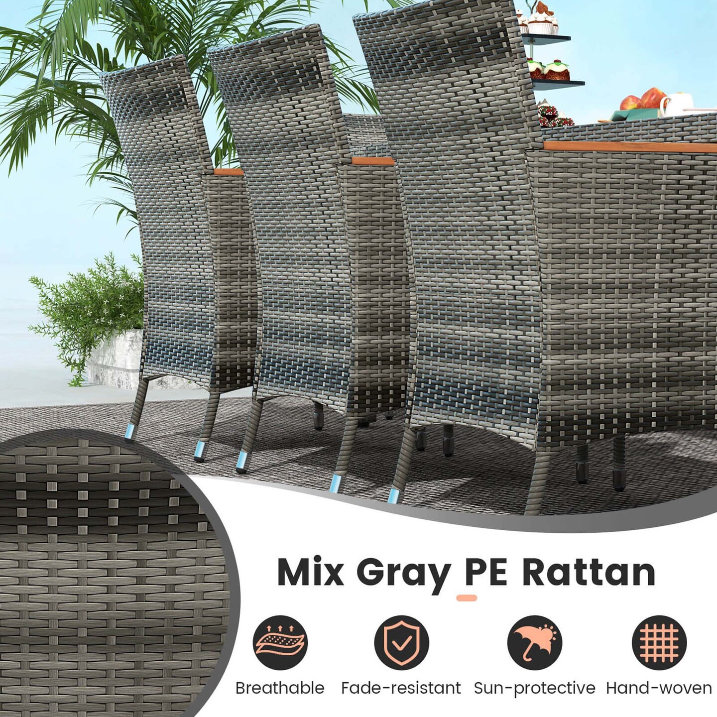 Costway 10 Pieces Patio Wicker Dining Set with Double-Sided Patio Umbrella 8 Armchairs Grey/Red/Orange/Turquoise/Beige/Coffee