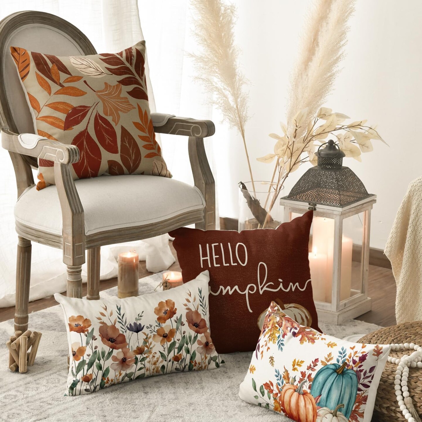 Hello Fall Pumpkin Leaves Pillow Covers