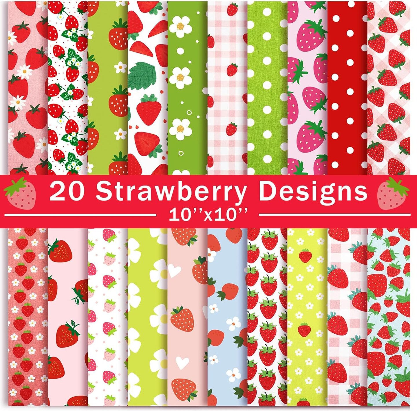 20 Pcs 10''x10'' Quilting Fabric Square Summer Strawberry Quiltted Fabric