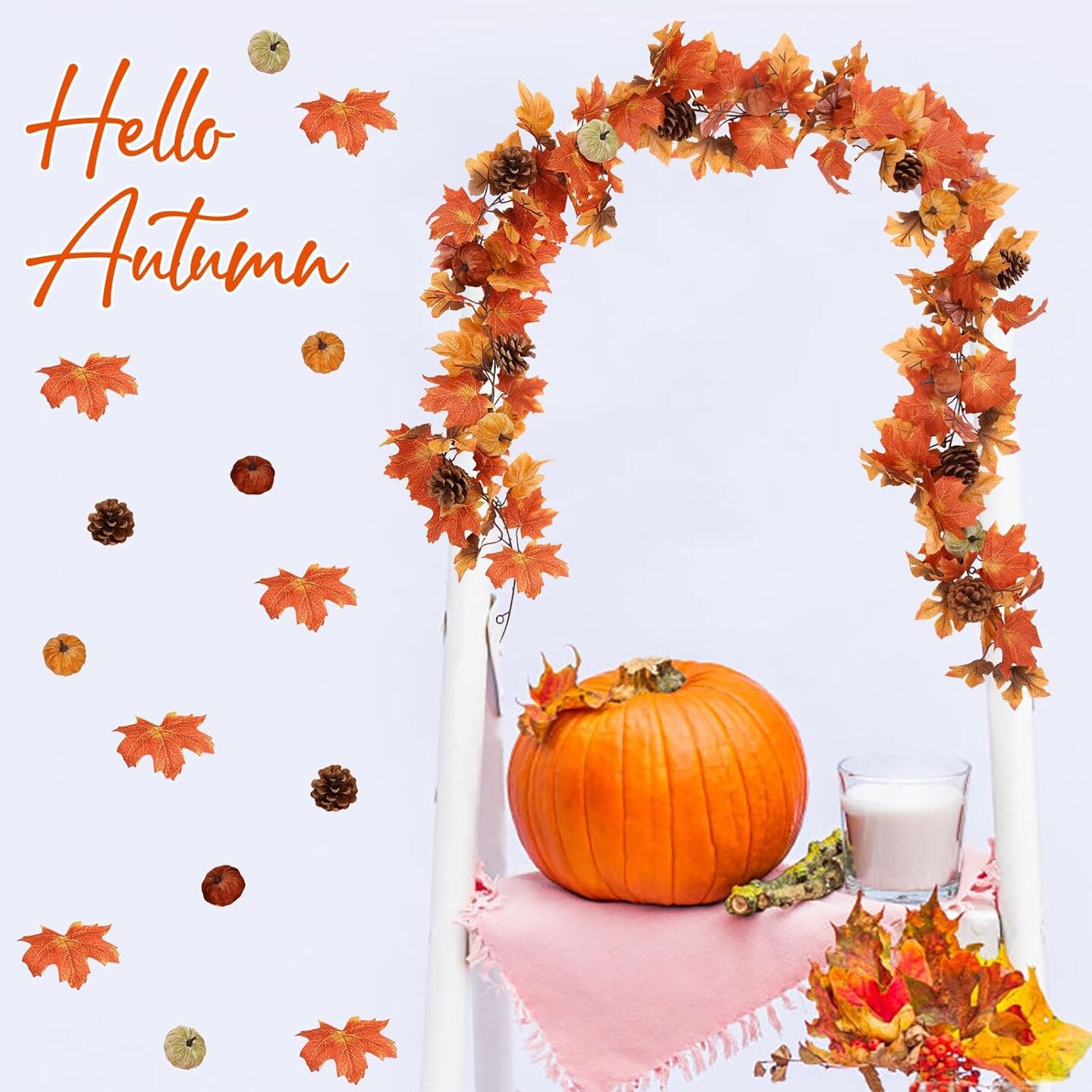 6FT Fall Garland, Fall Maple Leaf Garland Decor with Velvet Pumpkin