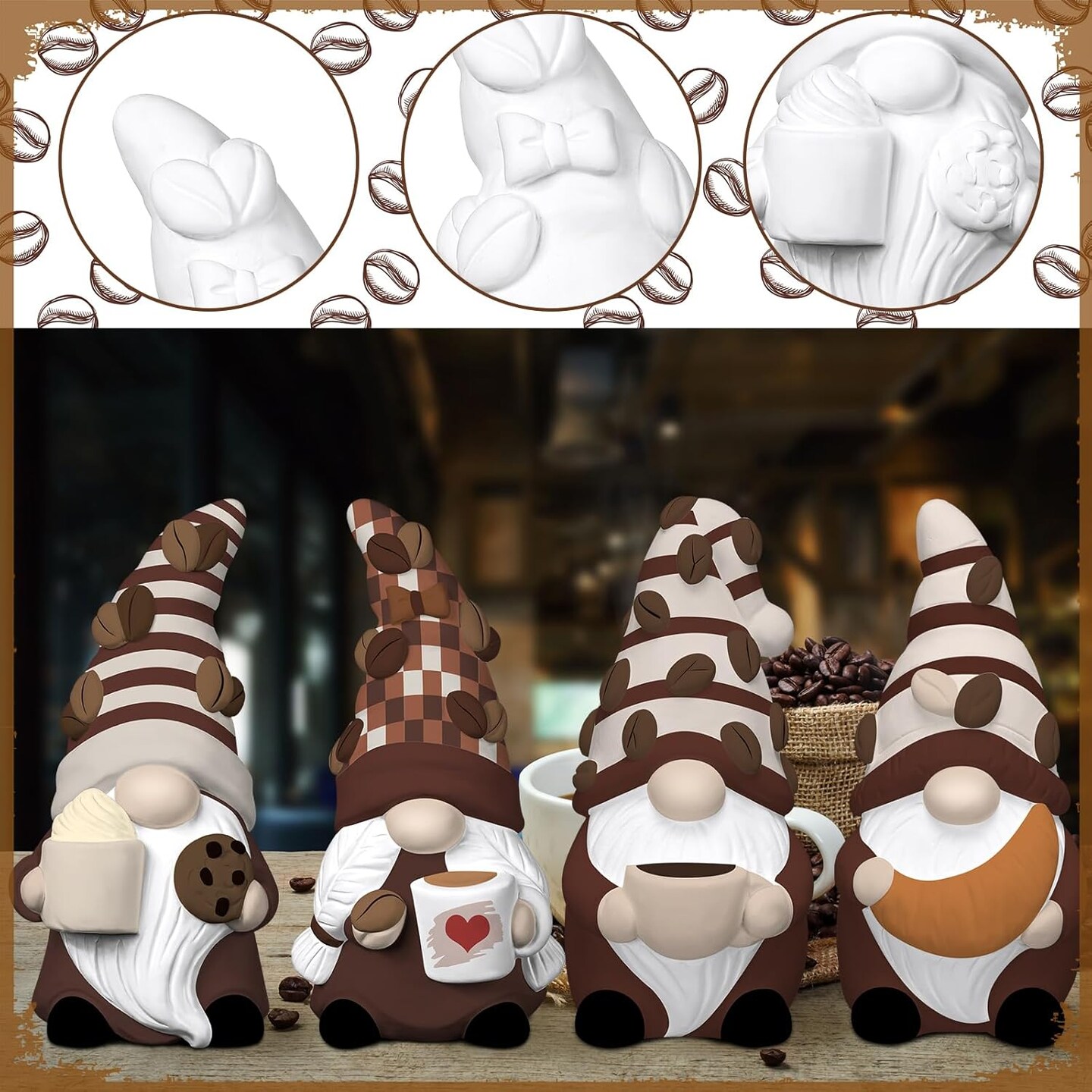 6 Sets Ready to Paint Your Own Coffee Gnome Statue, 4&#x22; Mini Paintable Ceramics Blank Coffee Gnome Figurine