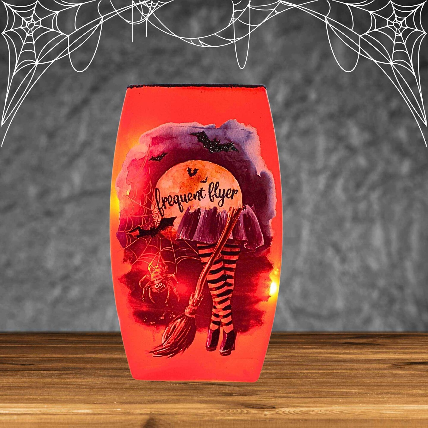 Stony Creek 7.75 In Frequent Flyer Pre-Lit Med Vase Halloween Lighted Glass Accent , Halloween Decor Halloween Witches Hat Spider Moon
