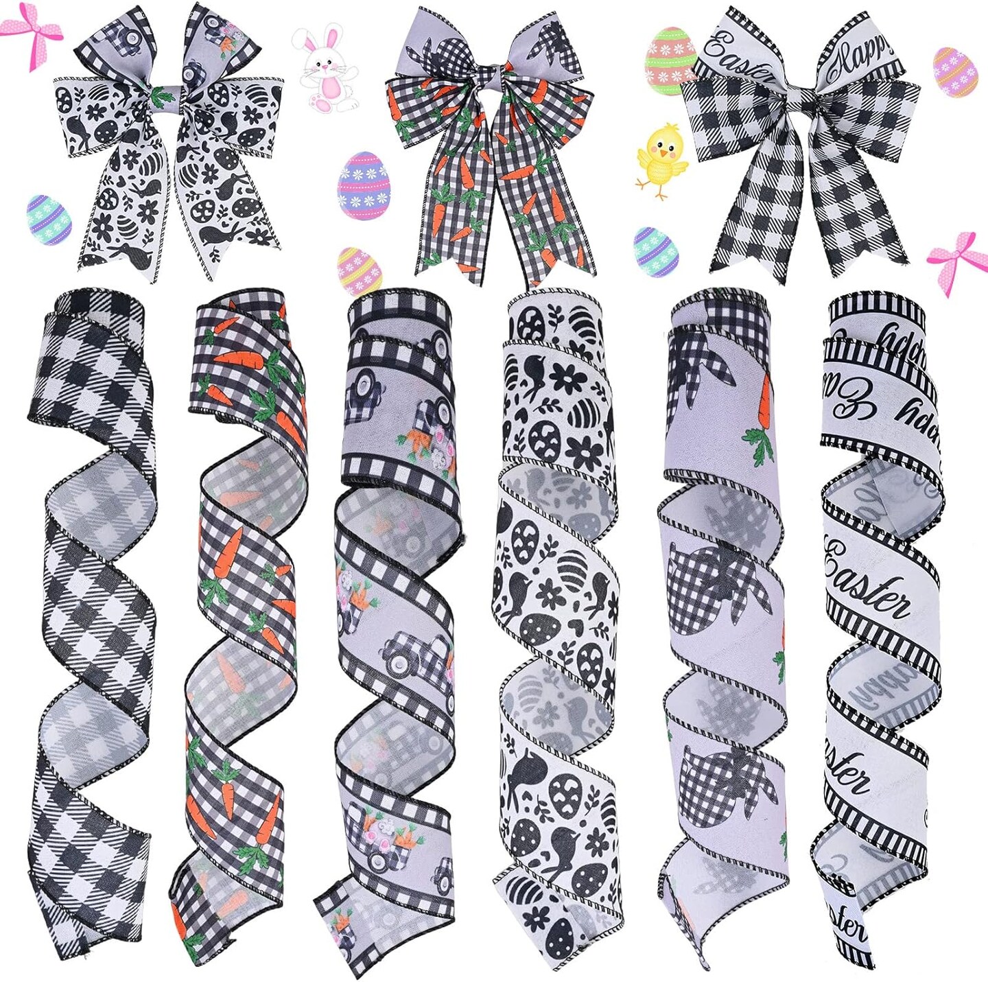 6 Rolls 30 Yards Easter Wired Ribbon 2.5 Inch Black White Ribbon Spring Craft Ribbon Bunny Carrot Decorative Ribbon for Easter Wreaths,Crafts,Big Bows,Gift Wrapping