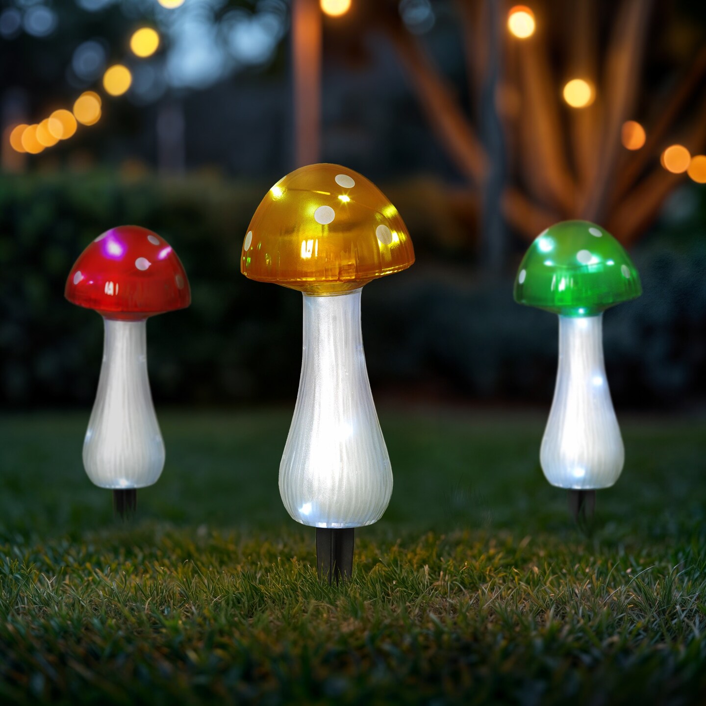 Contemporary Home Living Solar Powered Mushroom Outdoor Garden Stakes - 12" - Set of 3