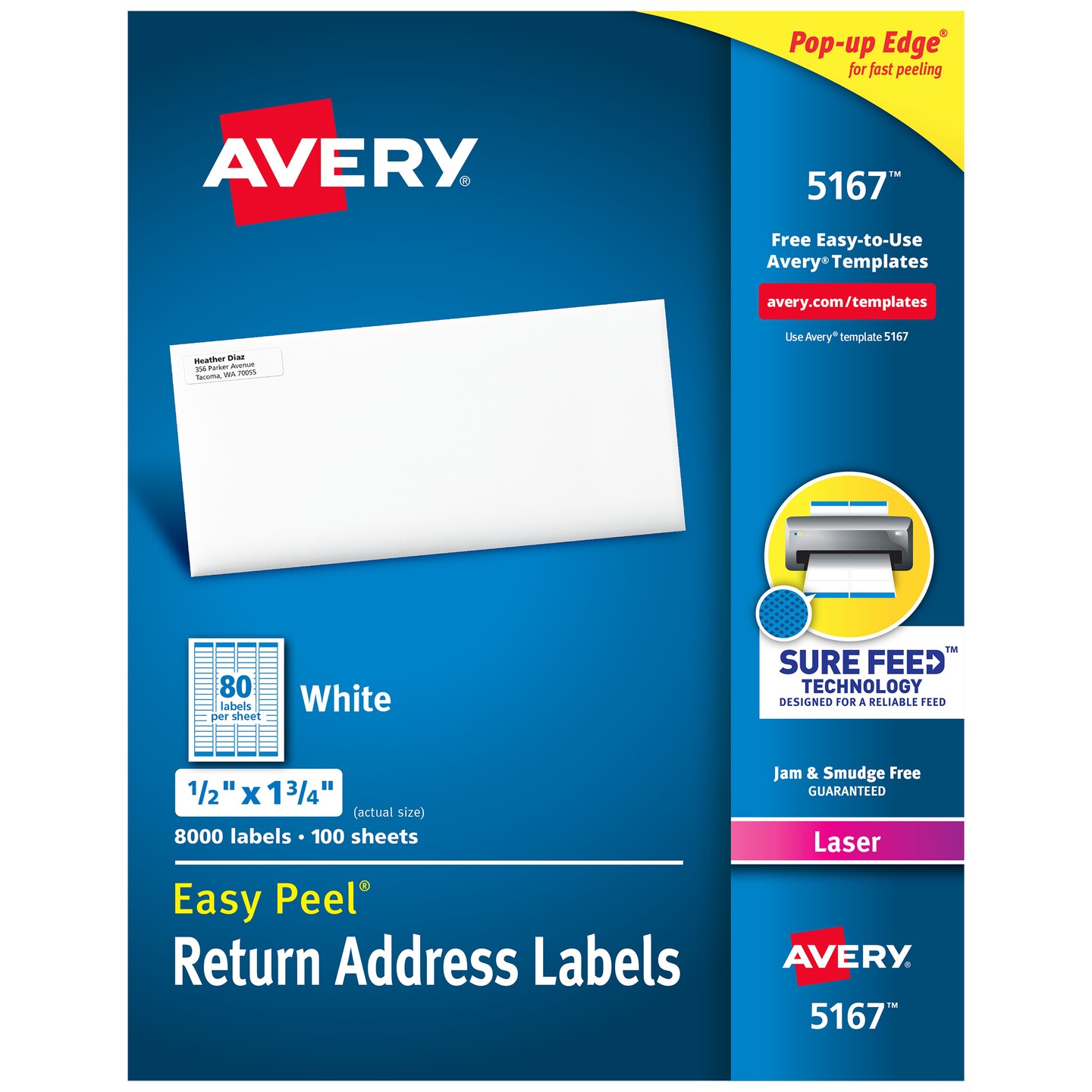 Avery Easy Peel Return Address Labels, Sure Feed Technology, Permanent Adhesive, 1/2" x 1-3/4", 8,000 Labels (5167)