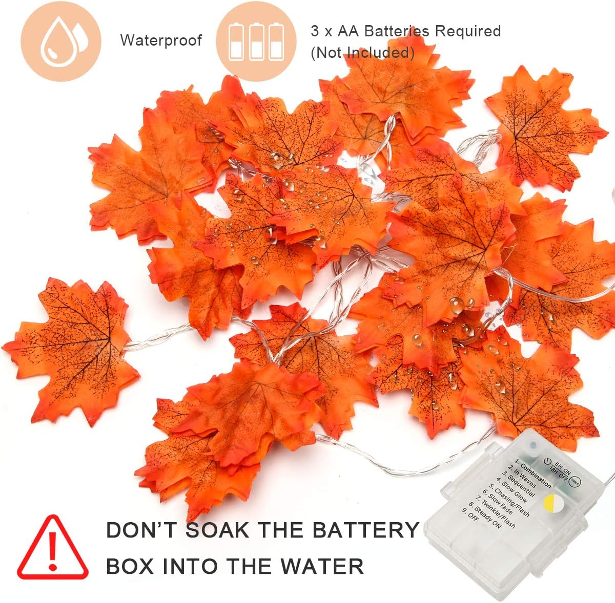2 Pack 10FT/20LED Maple Leaves String Light (Gold, Orange)