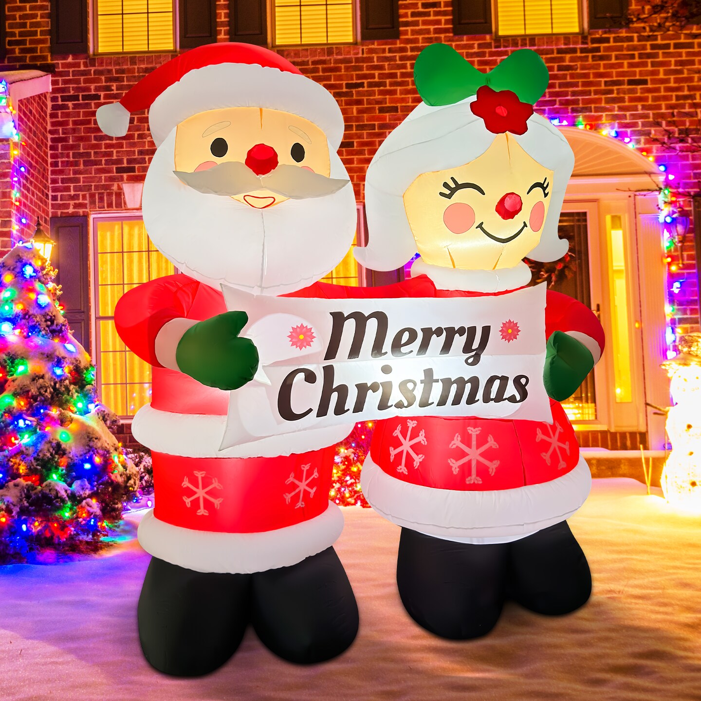 GOOSH 7FT Santa and Mrs. Claus Inflatable Holding &#x201C;Happy Holidays&#x201D; Sign with LED Lights