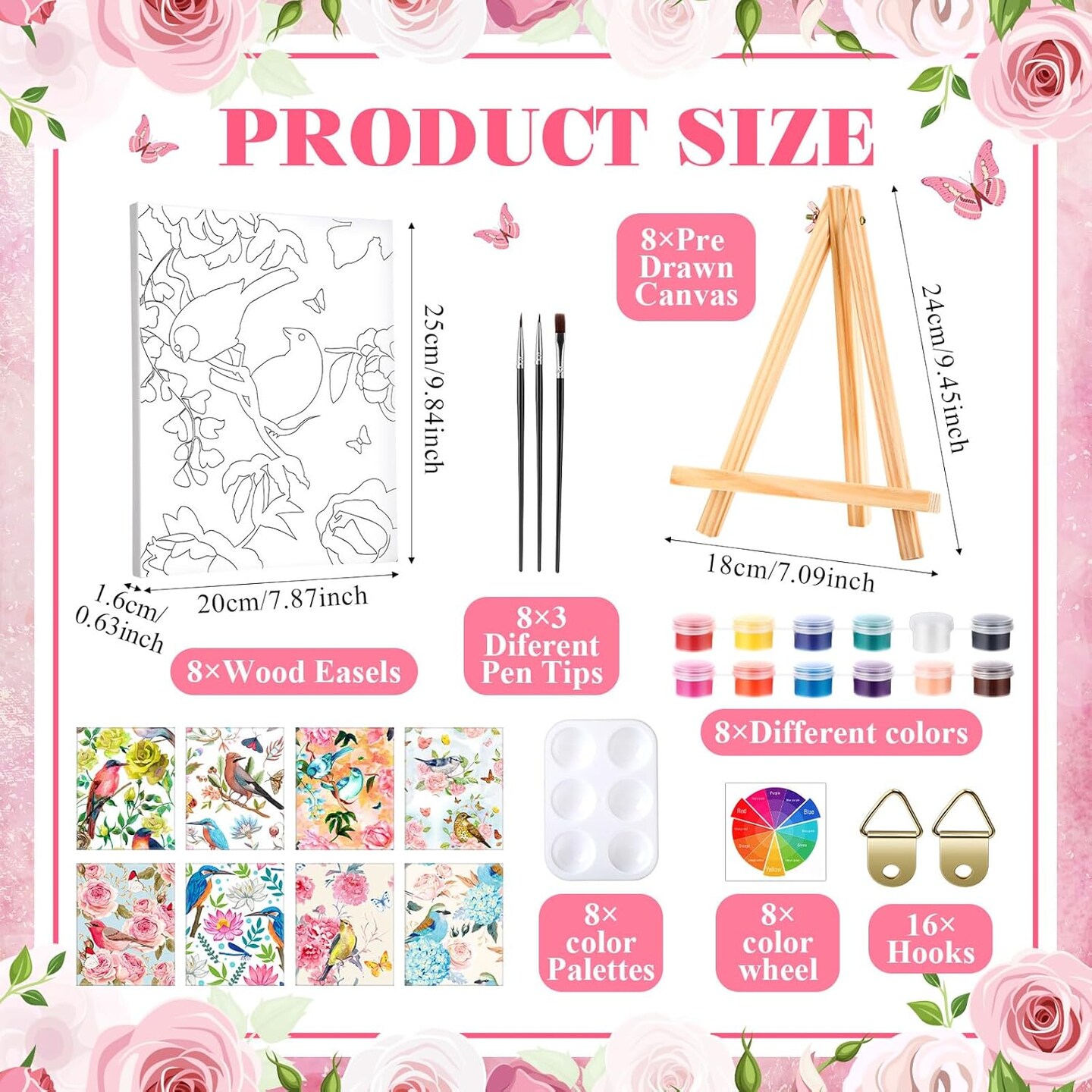 8 Sets Flower and Bird Pre Drawn Canvas Painting Kits - 8" x 10"