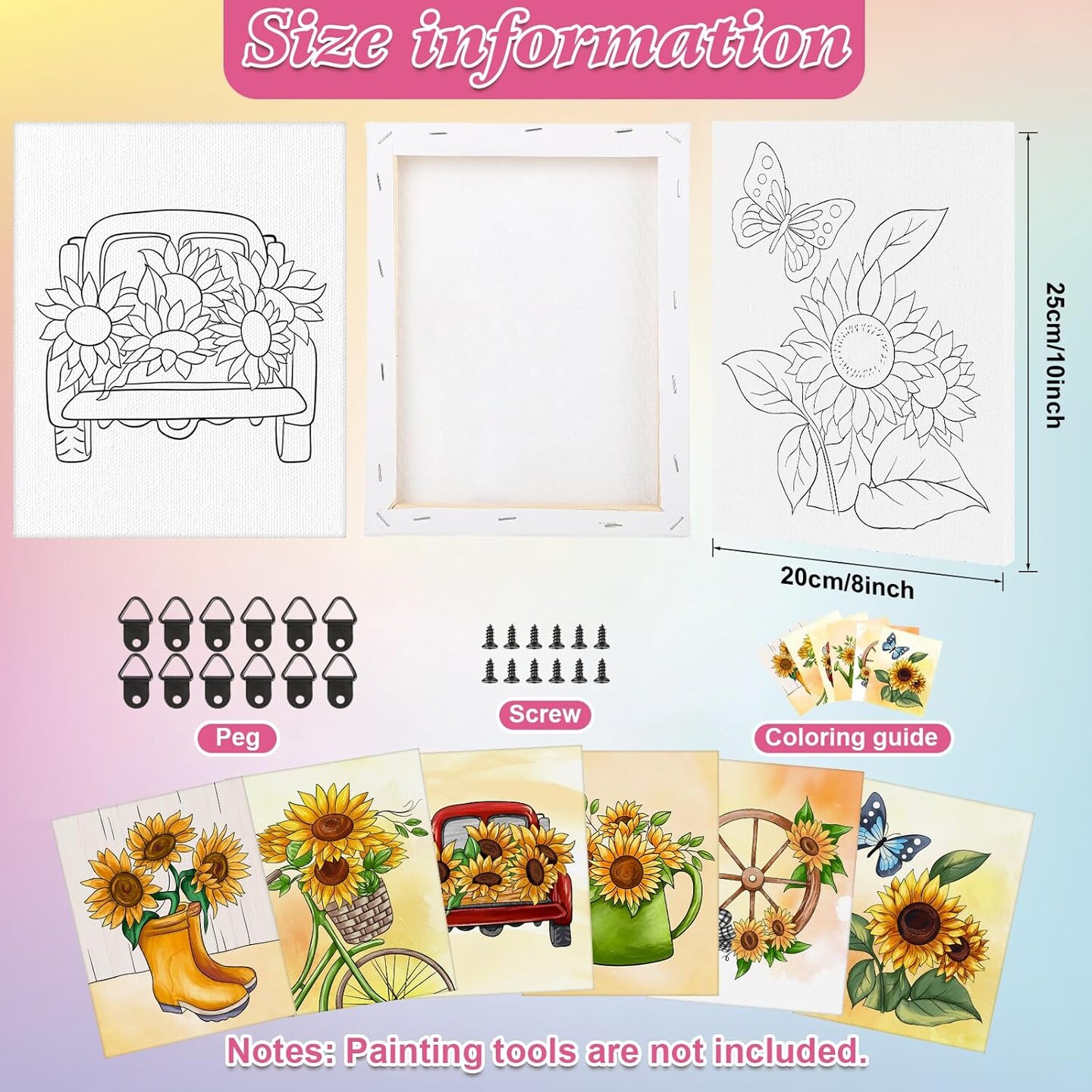 6 Pack Summer Sunflower Pre Drawn Canvas - 8x10 Inches