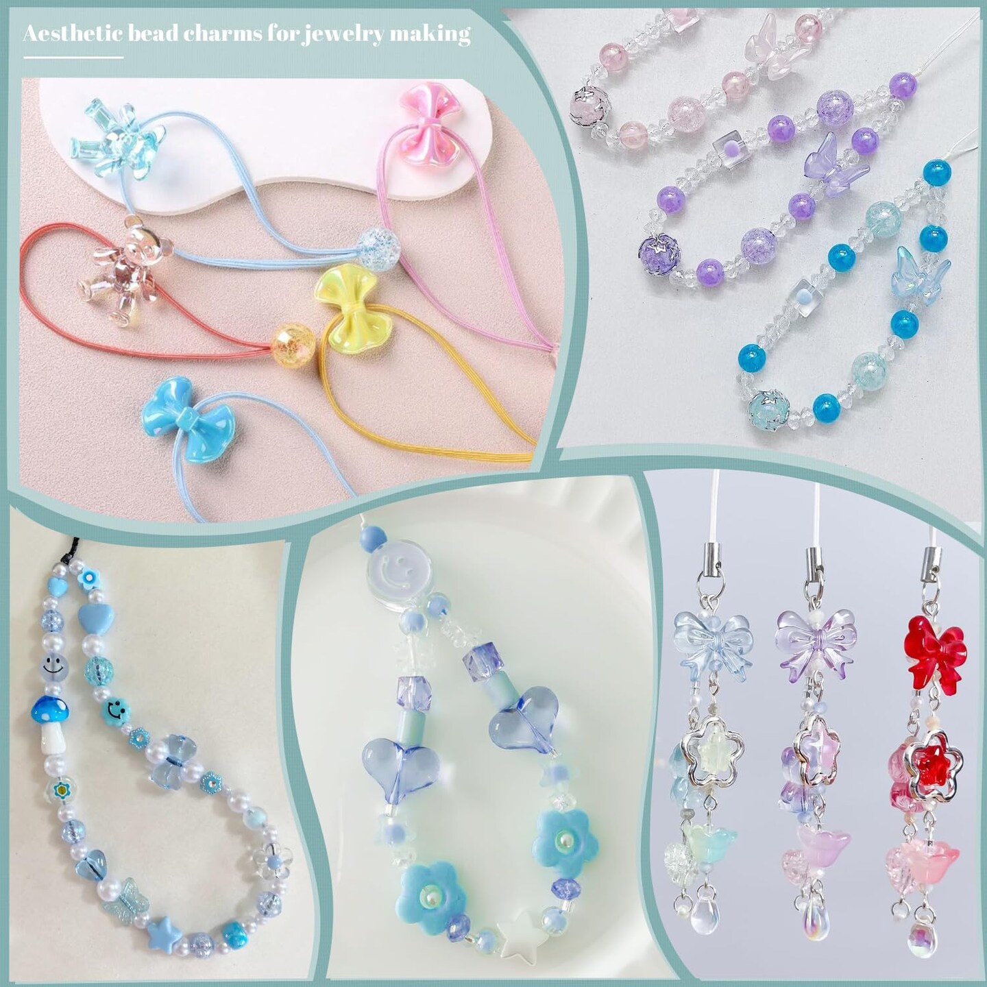 140-160 PCS Assorted Acrylic Beads For Bracelet Making, Flower Bow Butterfly Candy Star Heart GummyBear Kawaii Aesthetic Bracelet Charms,Cute Beads For Jewelry Making DIY Necklace Keychain Phone Charms