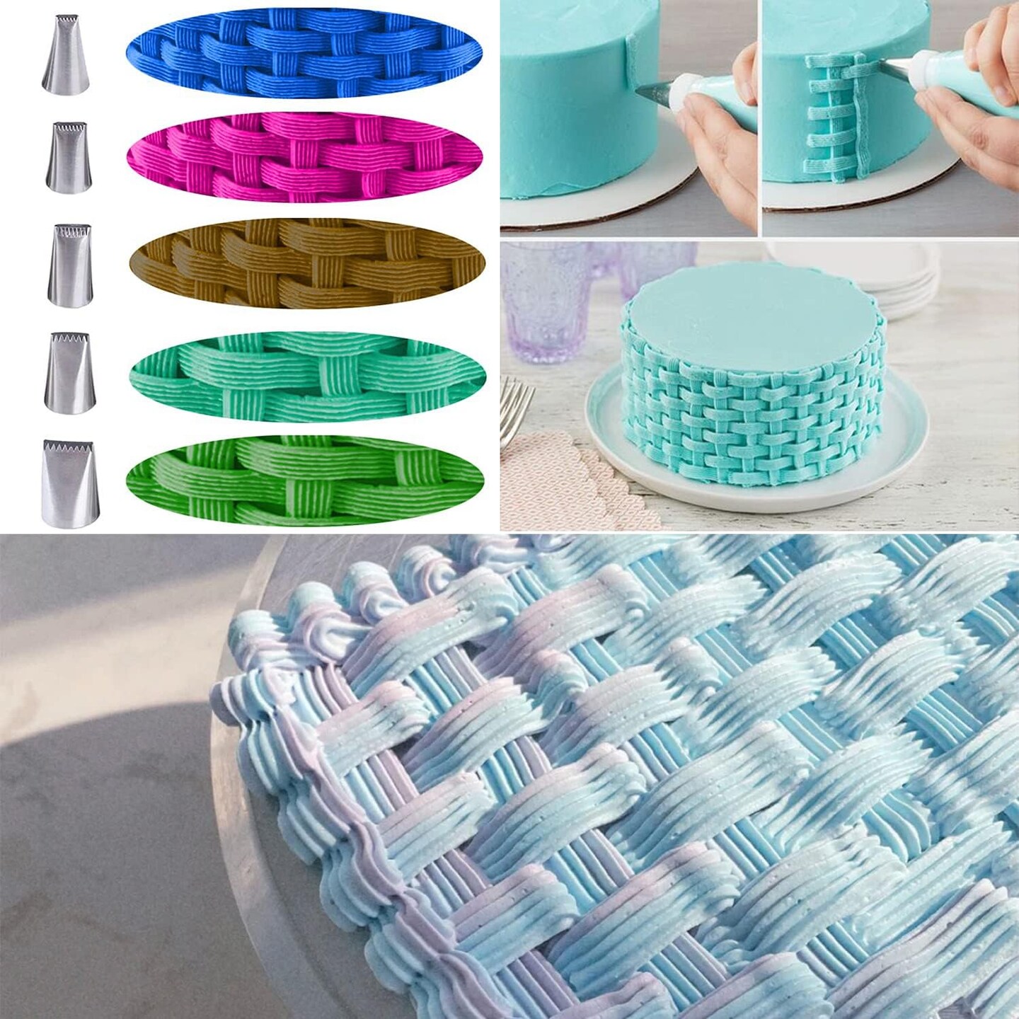 5-Piece Basketweave Piping Tip Set – Stainless Steel Half-Row and Braided Flower Cake Decorating Tips (3D, 1D, 895, 48, 47) for Cupcakes, Cakes, Cookies, and Frosting Designs