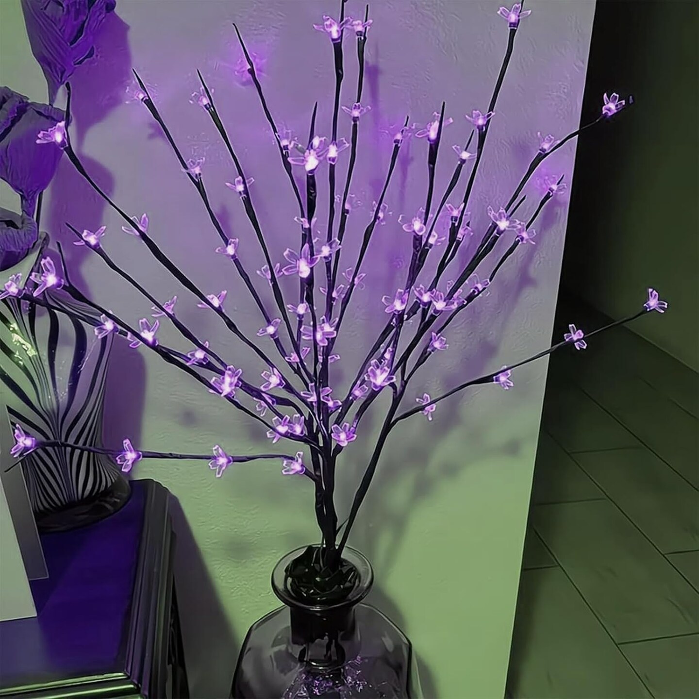 Battery Operated Branch Lights, 3 Pack 27.6&#x201D; 60 LED Lighted Decorative Artificial Cherry Blossom Twig Flower Lights for Vase Filler Decor Christmas Easter Room Indoor Lighting (Purple)