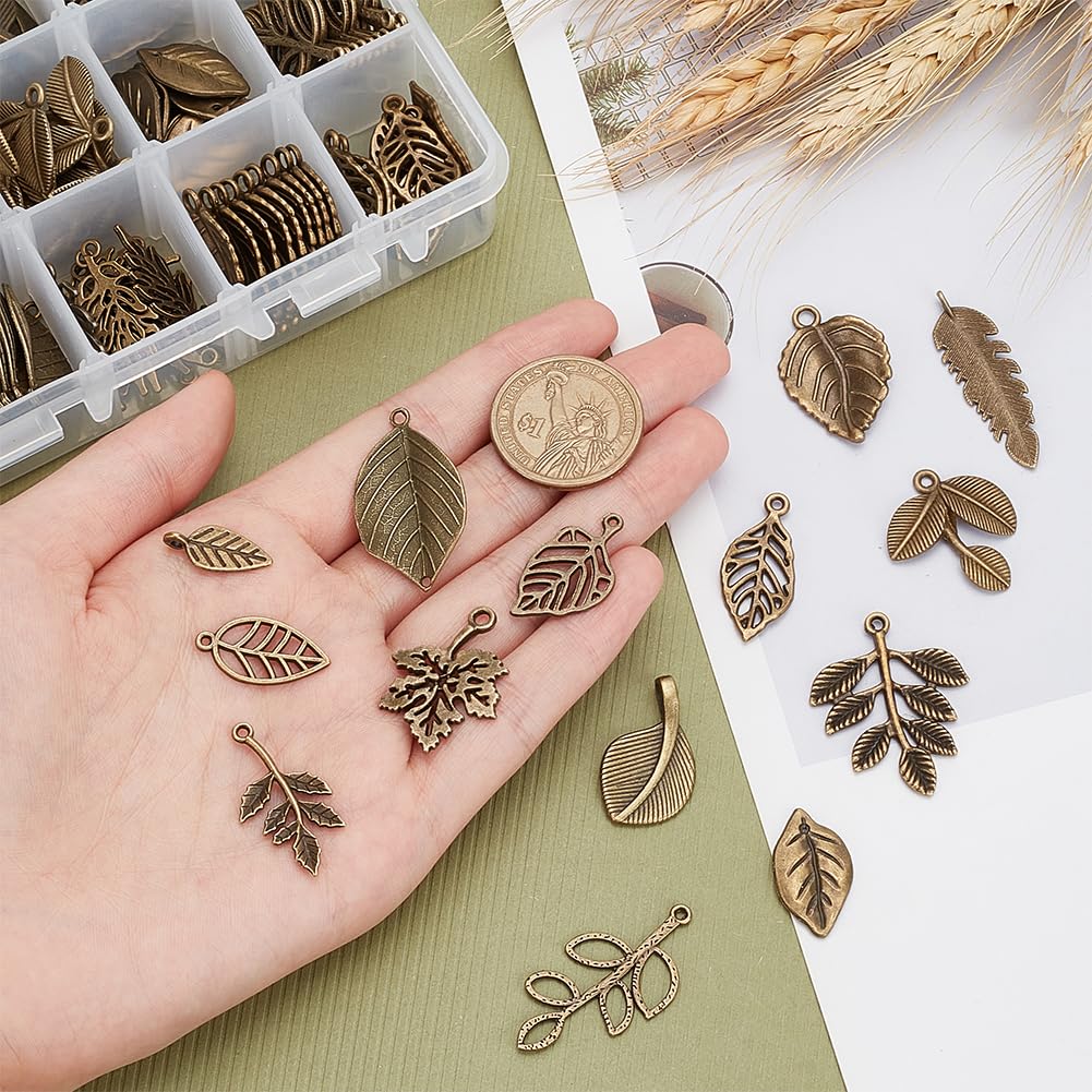 150pcs 15 Styles Tree Leaf Charms Pendants, Tibetan Branch Leaves Charms Metal Alloy Leaf Beads Antique Bronze Dangle Charm for Spring Earring Bracelet Necklace Kaychain Jewelry Making