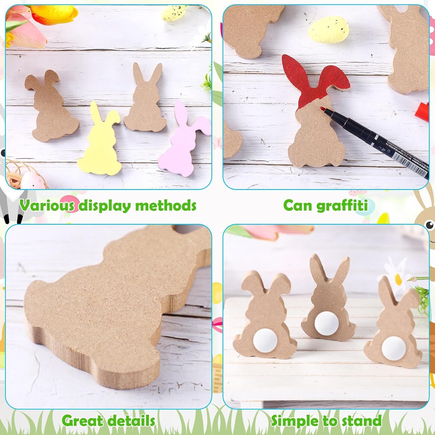 22 Pcs Easter Wooden Bunny Cutouts for Crafts, Unfinished Easter Wood Cutouts Bunny Table Sign