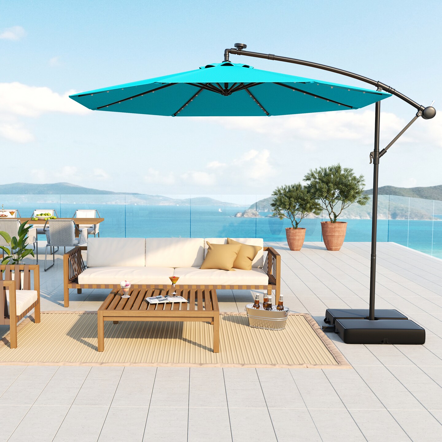 10 Ft Beige Steel Offset Cantilever Patio Umbrella with 40 Solar Powered LED Lights and Adjustable