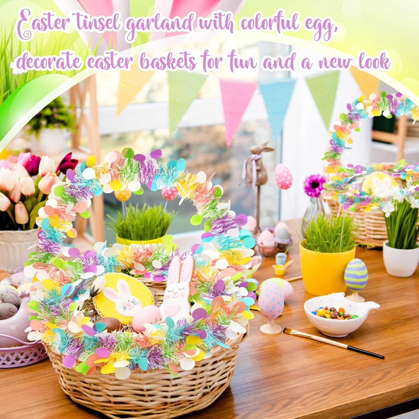 8 Rolls/ 52 Feet Easter Tinsel Garland Colorful Tinsel Twist Garland Spring Hanging Tinsel Ornament