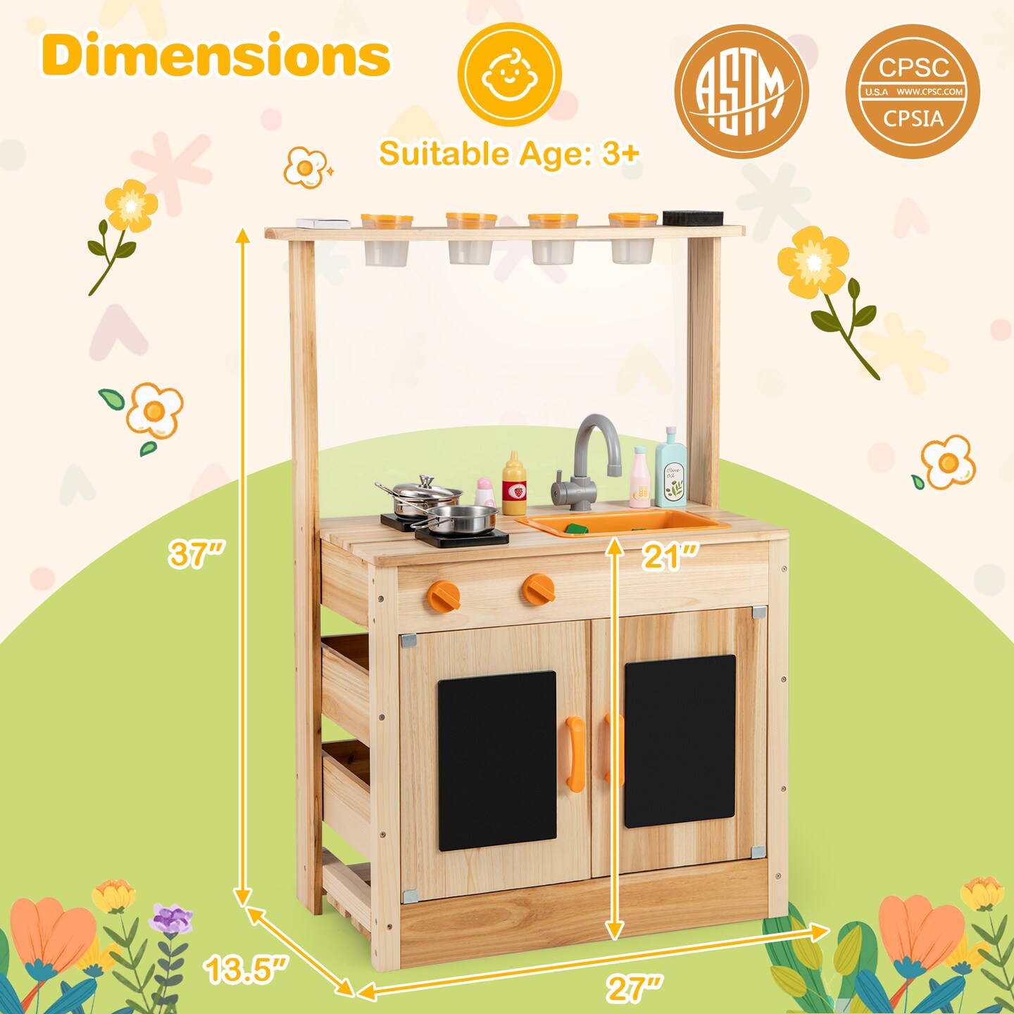 Kids Mud Kitchen Fir Wood Playset with Planting Pots and Blackboards-Natural