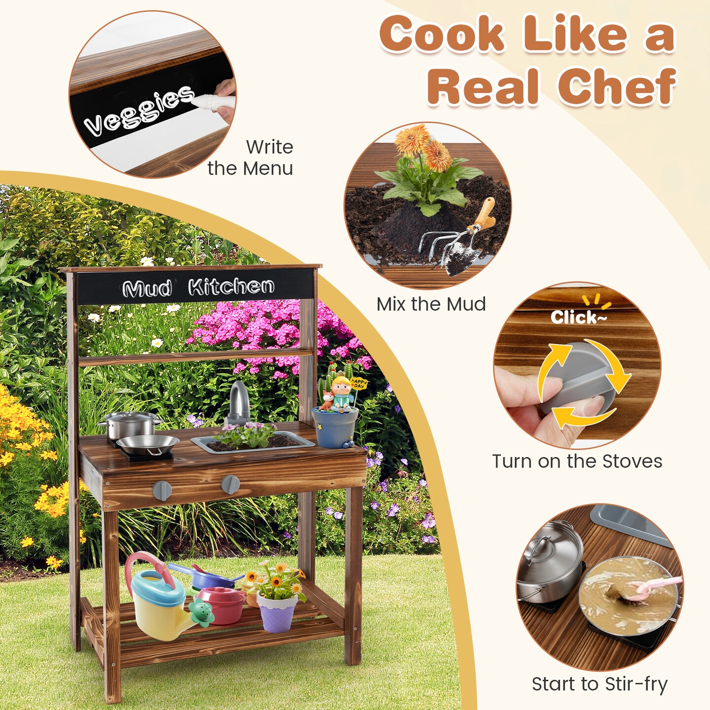 Wooden Outdoor Mud Kitchen for Kids with Rotatable Faucet and Removable Sink