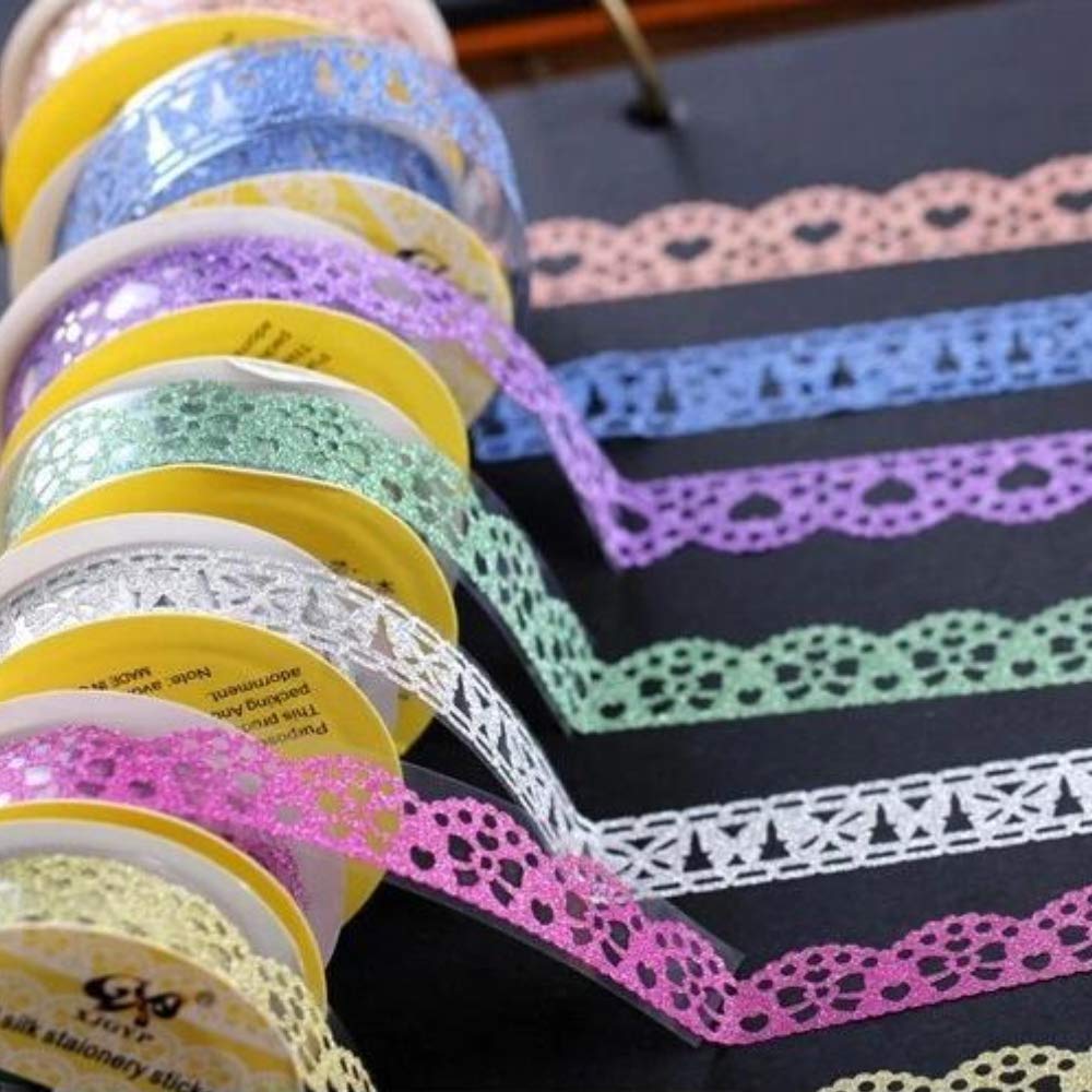 SallyFashion Lace Washi Tape, 6 Roll Lace Pattern Glitter Bling Self-Adhesive Tape Diamond Washi Tape Masking DIY Scrapbooking Lace Tape Sticker Color Random