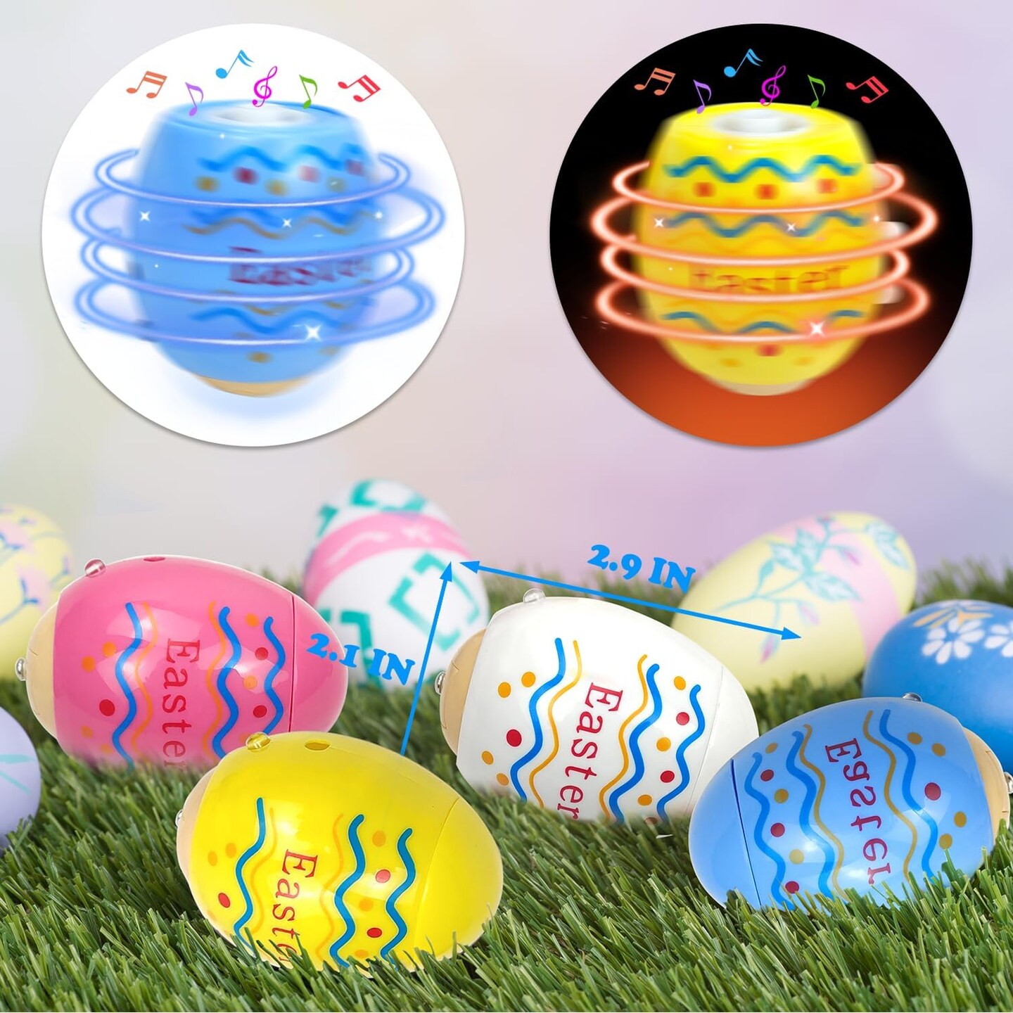 Easter Eggs Basket Stuffers Toys Gifts for Toddler Boys Girls, 4 Pack Light up Spinning Tops with Music, Non Candy Easter Egg Hunt