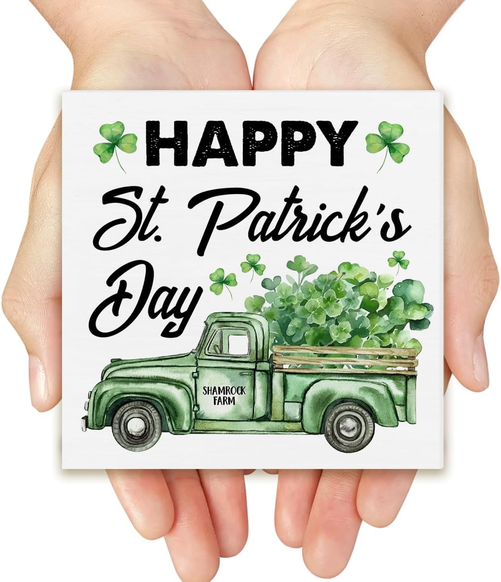 St. Patricks Day Decor Farmhouse Happy St. Patricks Day Shamrock Farm Wood Box Sign St Patricks Day Decorations Country Home Desk Shelf Tabletop Decor